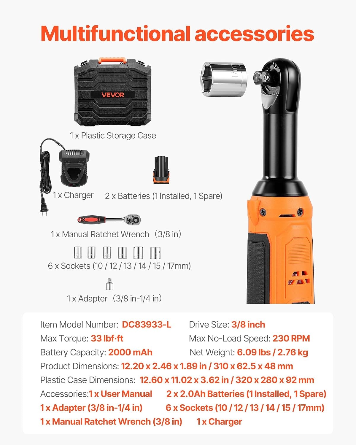 image:imageVEVOR Cordless Ratchet Wrench 38 inch Drive 240 RPM up to 33 ftlbs of Torque Extended Battery Powered Electric Ratchet Wrench Set with Two Batteries Charger Sockets Adaptor and Extension Bar33 ftlbs Extended Head Manual Ratchet Wrench