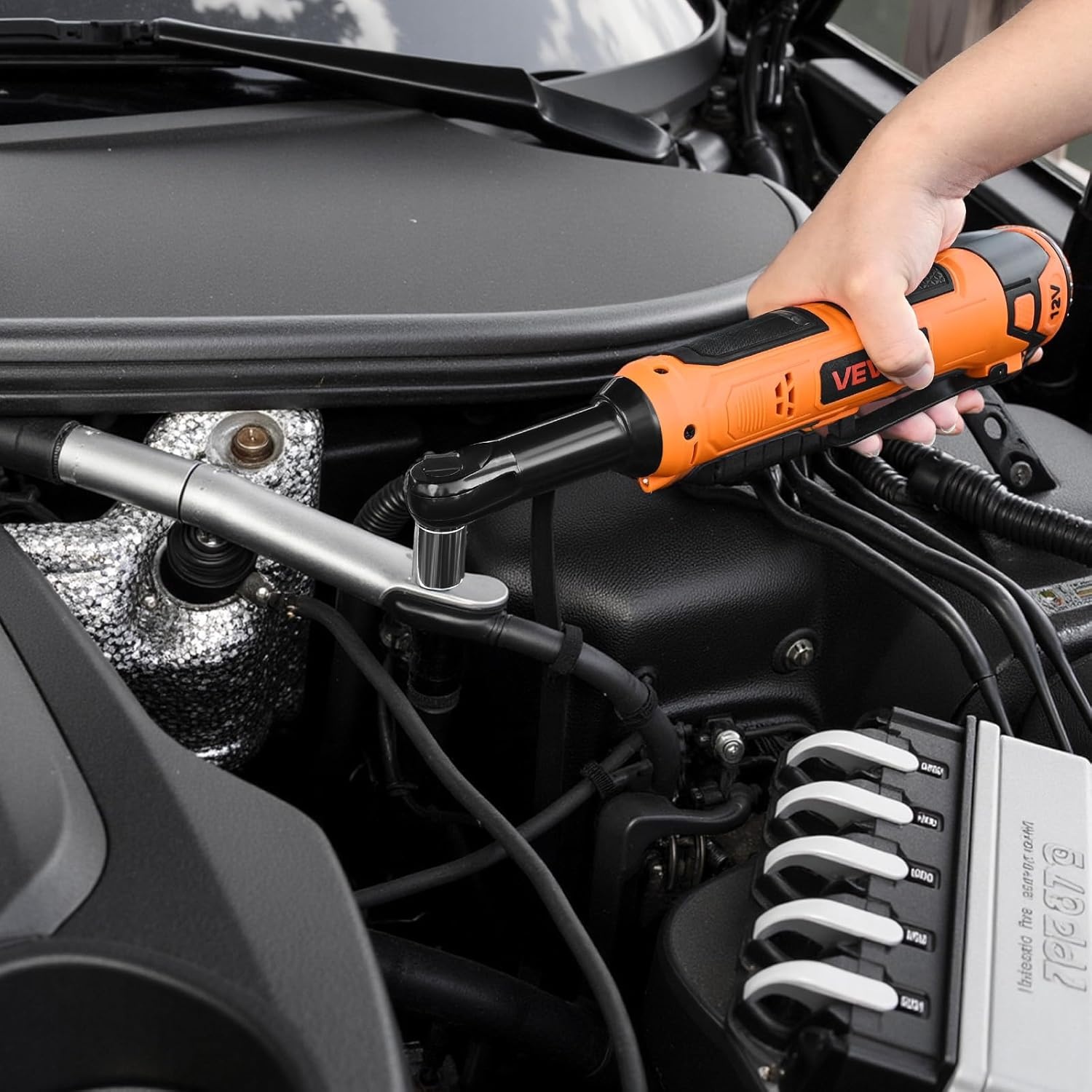 image:imageVEVOR Cordless Ratchet Wrench 38 inch Drive 240 RPM up to 33 ftlbs of Torque Extended Battery Powered Electric Ratchet Wrench Set with Two Batteries Charger Sockets Adaptor and Extension Bar33 ftlbs Extended Head Manual Ratchet Wrench