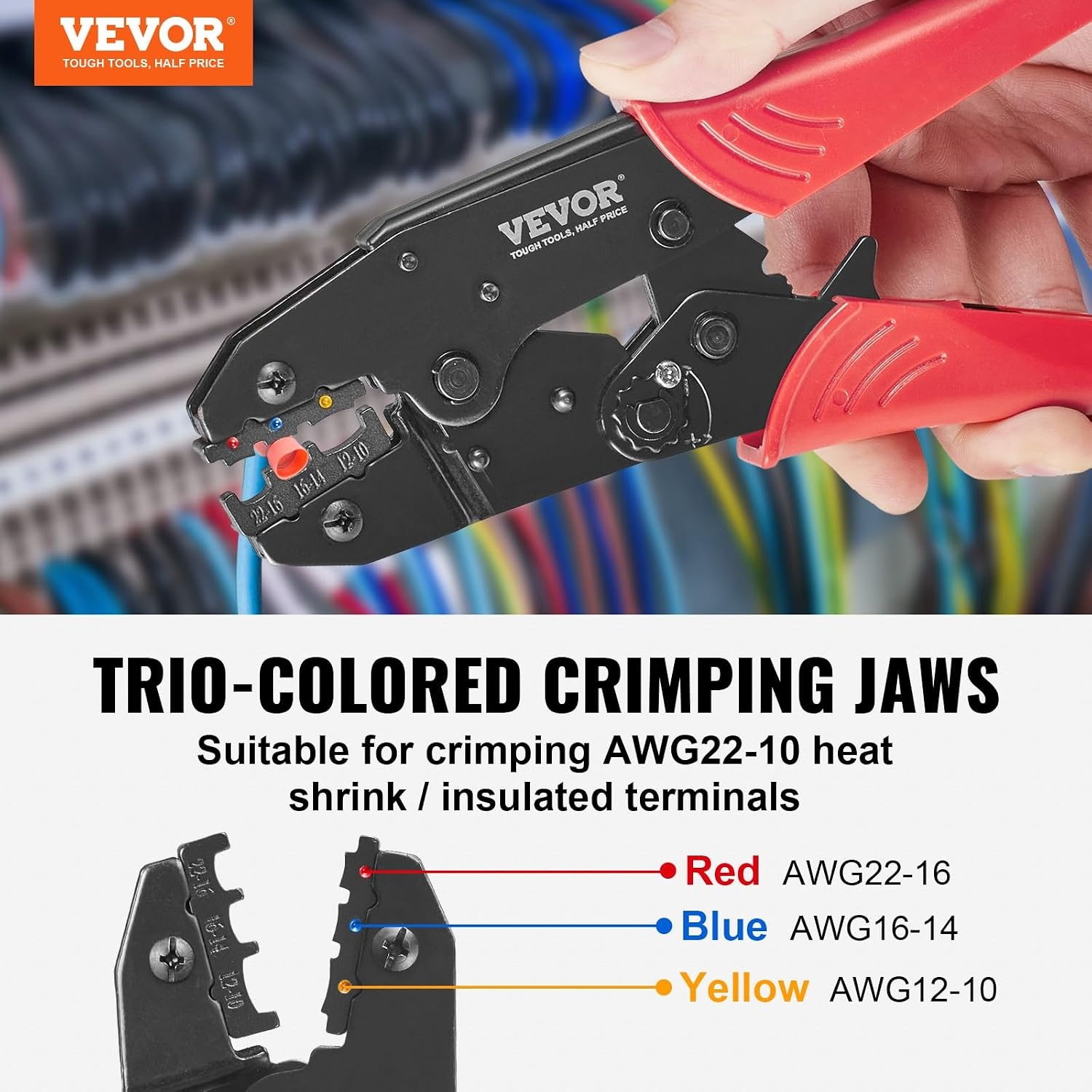 image:imageVEVOR Crimping Tool For Insulated Electrical Connectors AWG2210 Heat ShrinkNylon Terminal Crimper Wire Crimp Pliers with a Pair Of Gloves a Wire Stripping Pliers and 210pcs Heat Shrink Tubes Brand VEVOR