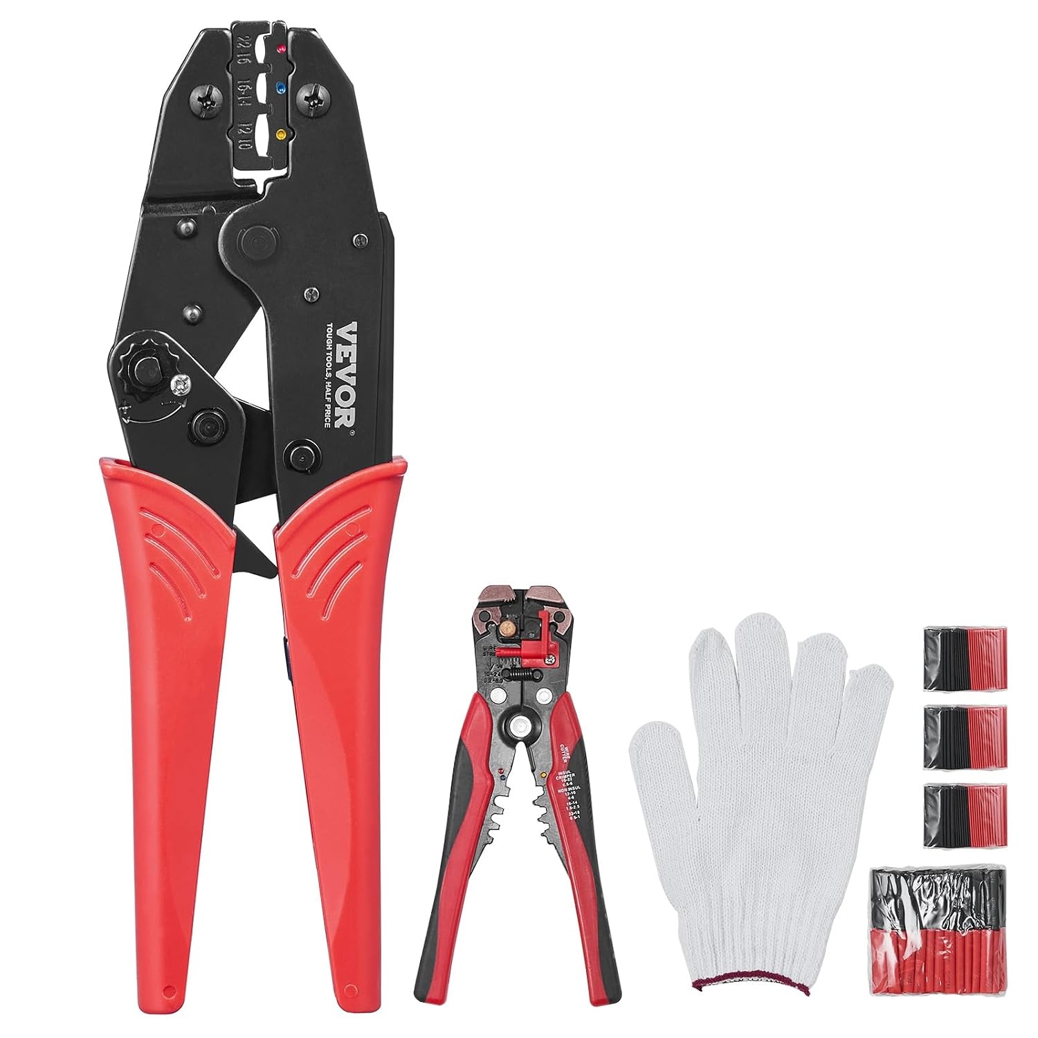 image:imageVEVOR Crimping Tool For Insulated Electrical Connectors AWG2210 Heat ShrinkNylon Terminal Crimper Wire Crimp Pliers with a Pair Of Gloves a Wire Stripping Pliers and 210pcs Heat Shrink Tubes Brand VEVOR