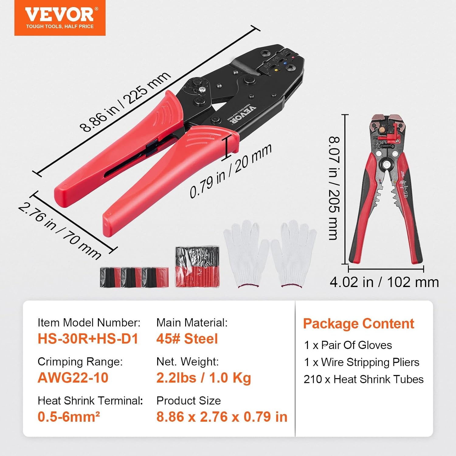 image:imageVEVOR Crimping Tool For Insulated Electrical Connectors AWG2210 Heat ShrinkNylon Terminal Crimper Wire Crimp Pliers with a Pair Of Gloves a Wire Stripping Pliers and 210pcs Heat Shrink Tubes Brand VEVOR