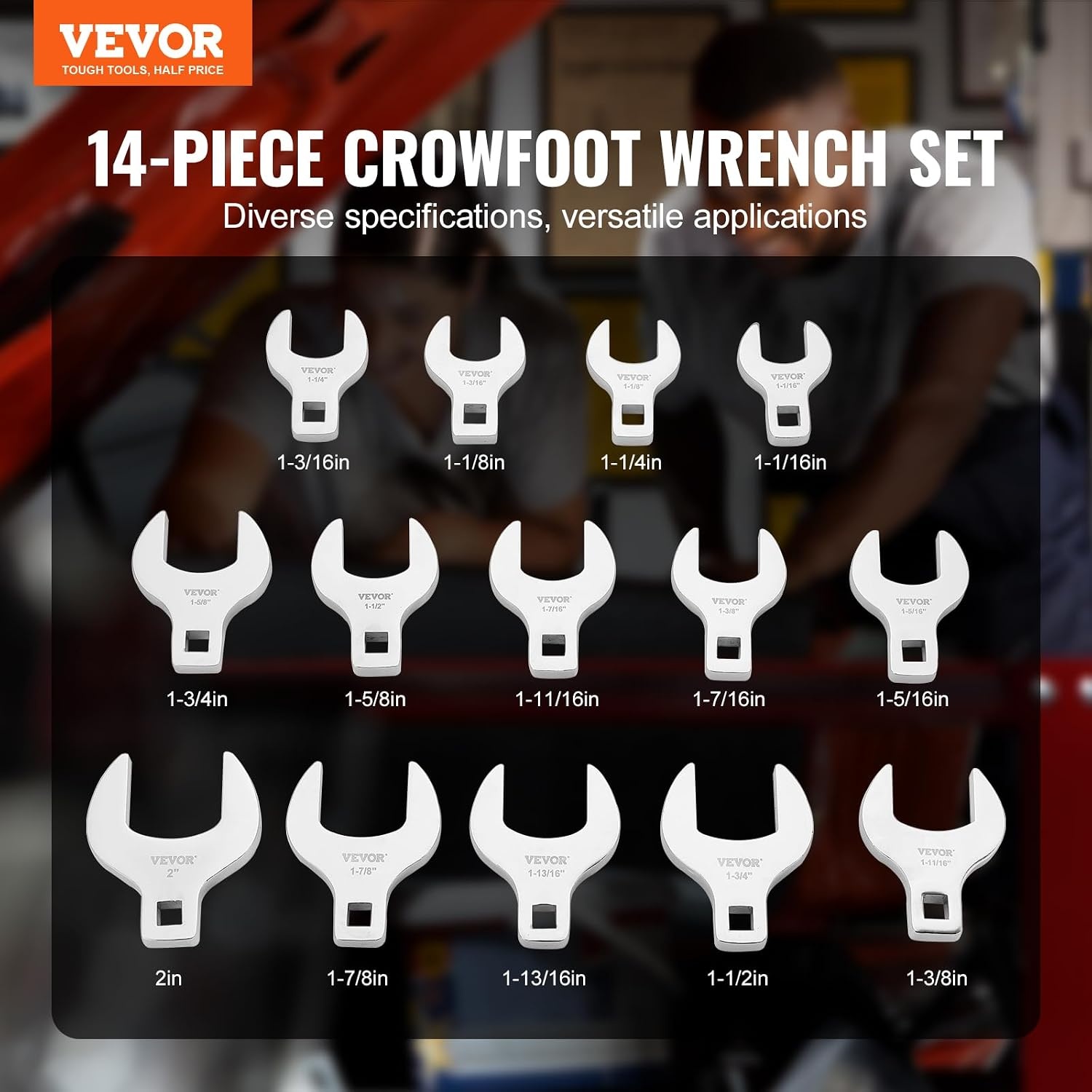 image:imageVEVOR Crowfoot Wrench Set 12 Drive 14Piece SAE 1116 2 Crows Foot Wrench Set with Storage Tray 40CR Material with Laser Etched Sizing for Mechanical Maintenance or Repairs