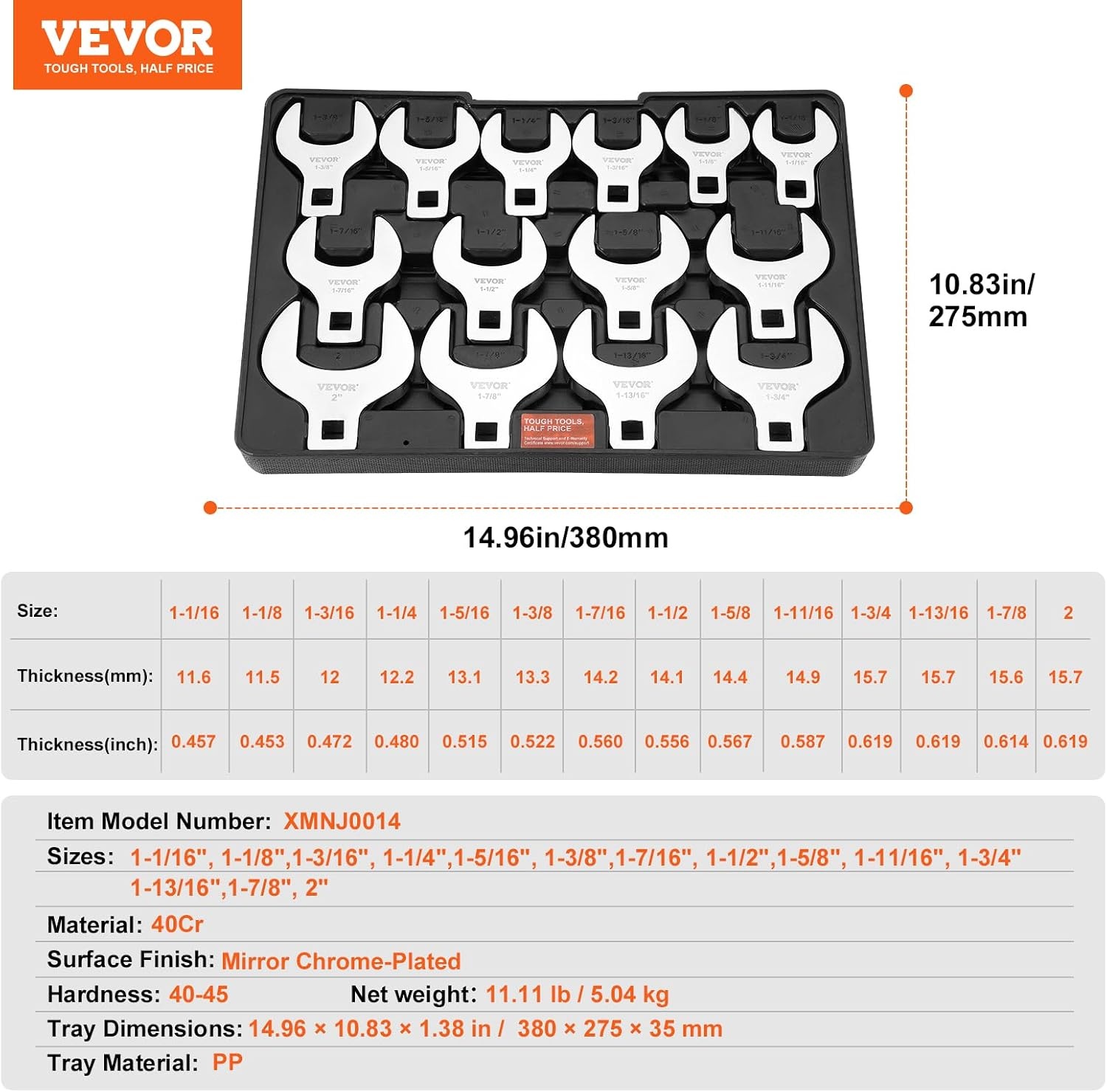 image:imageVEVOR Crowfoot Wrench Set 12 Drive 14Piece SAE 1116 2 Crows Foot Wrench Set with Storage Tray 40CR Material with Laser Etched Sizing for Mechanical Maintenance or Repairs