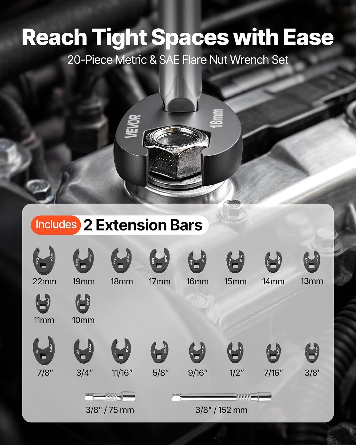 image:imageVEVOR Crowfoot Wrench Set 38 Drive 20Piece Metric and SAE Size Flare Nut Crows Foot Wrenches with Storage Case Dual Size Markings on Tools and Case for Auto Maintenance