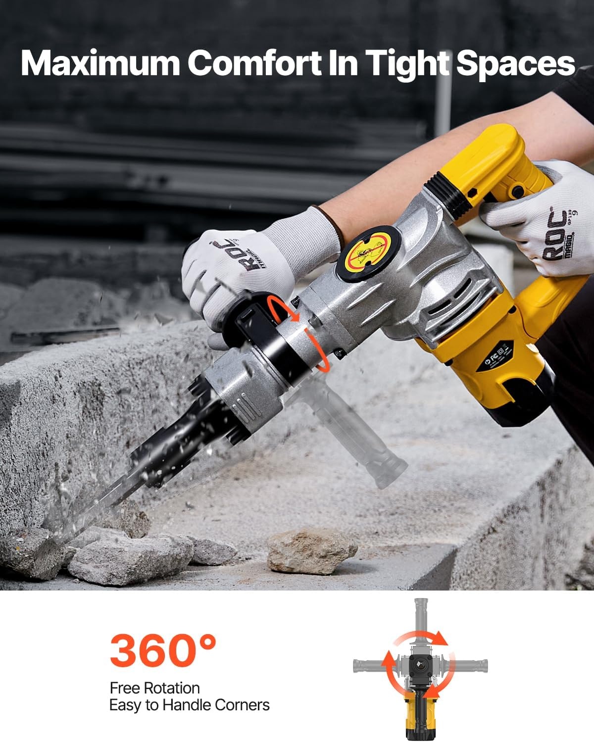image:imageVEVOR Demolition Jack Hammer 1400W Electric Jackhammer Heavy Duty 2900 BPM Jack Hammer Concrete Breaker with 1 Point Chisel 1 Flat Chisel Storage Case Gloves and Goggles for DemolitionYellow