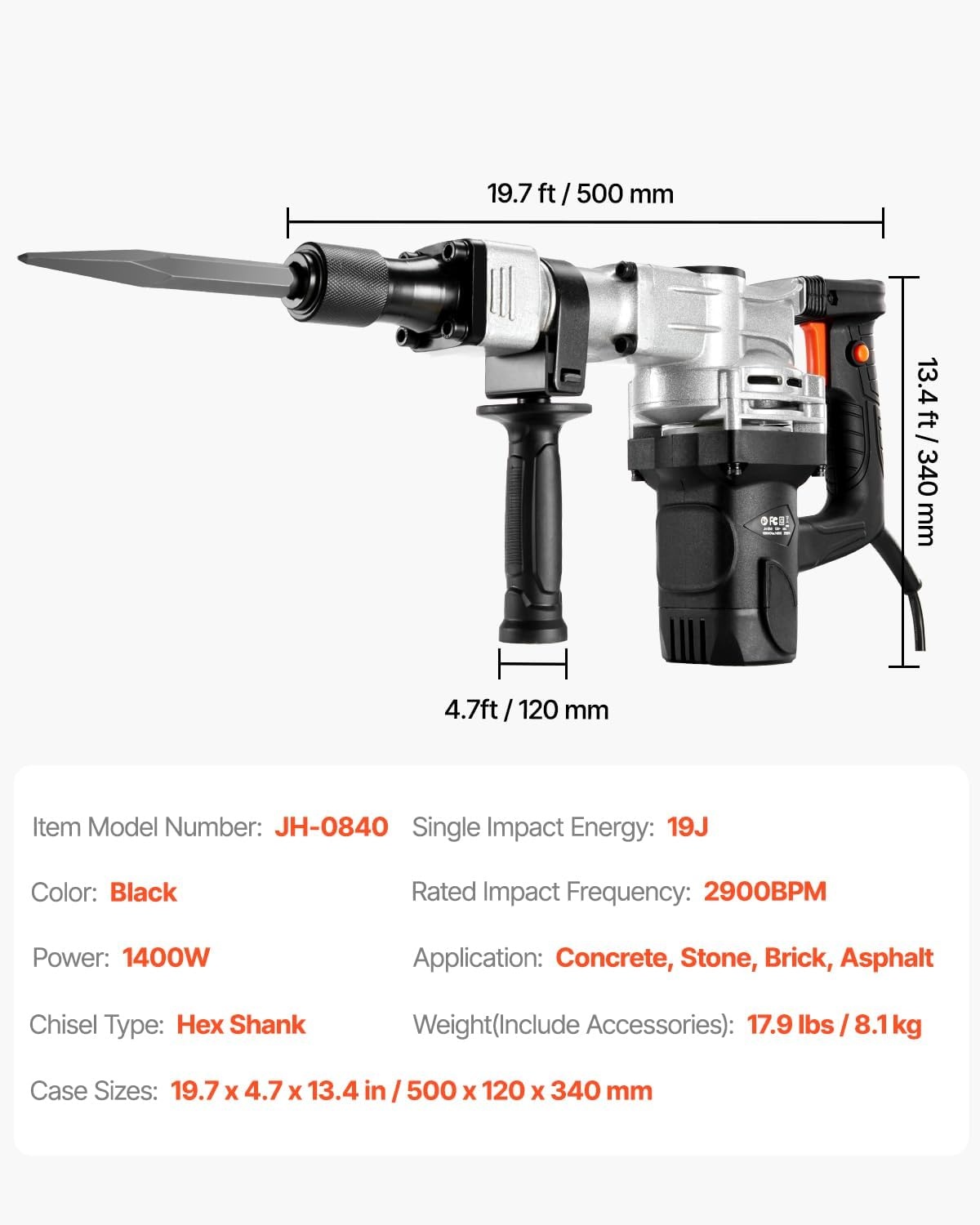 image:imageVEVOR Demolition Jack Hammer 1400W Electric Jackhammer Heavy Duty 2900 BPM Jack Hammer Concrete Breaker with 1 Point Chisel 1 Flat Chisel Storage Case Gloves and Goggles for DemolitionBlack