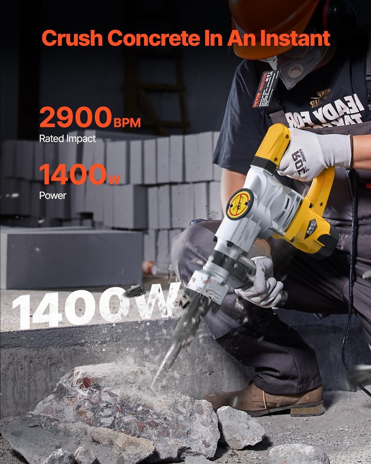 image:imageVEVOR Demolition Jack Hammer 1400W Electric Jackhammer Heavy Duty 2900 BPM Jack Hammer Concrete Breaker with 1 Point Chisel 1 Flat Chisel Storage Case Gloves and Goggles for DemolitionYellow