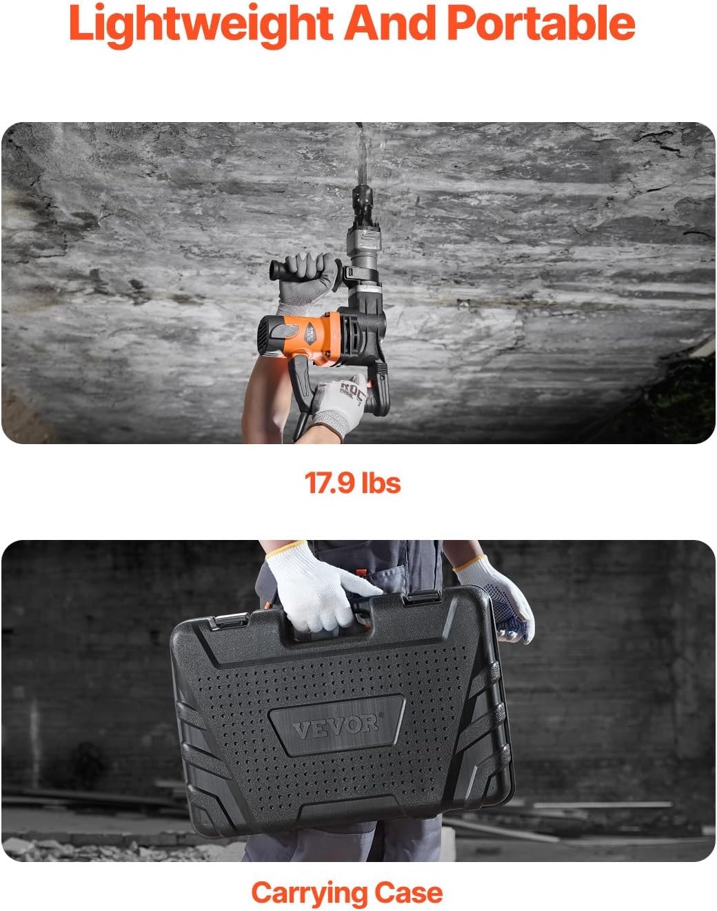 image:imageVEVOR Demolition Jack Hammer 1400W Electric Jackhammer Heavy Duty 2900 BPM Jack Hammer Concrete Breaker with 1 Point Chisel 1 Flat Chisel Storage Case Gloves and Goggles for DemolitionOrange
