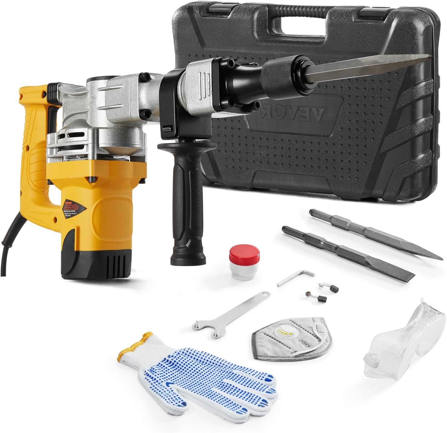 image:imageVEVOR Demolition Jack Hammer 1400W Electric Jackhammer Heavy Duty 2900 BPM Jack Hammer Concrete Breaker with 1 Point Chisel 1 Flat Chisel Storage Case Gloves and Goggles for DemolitionYellow