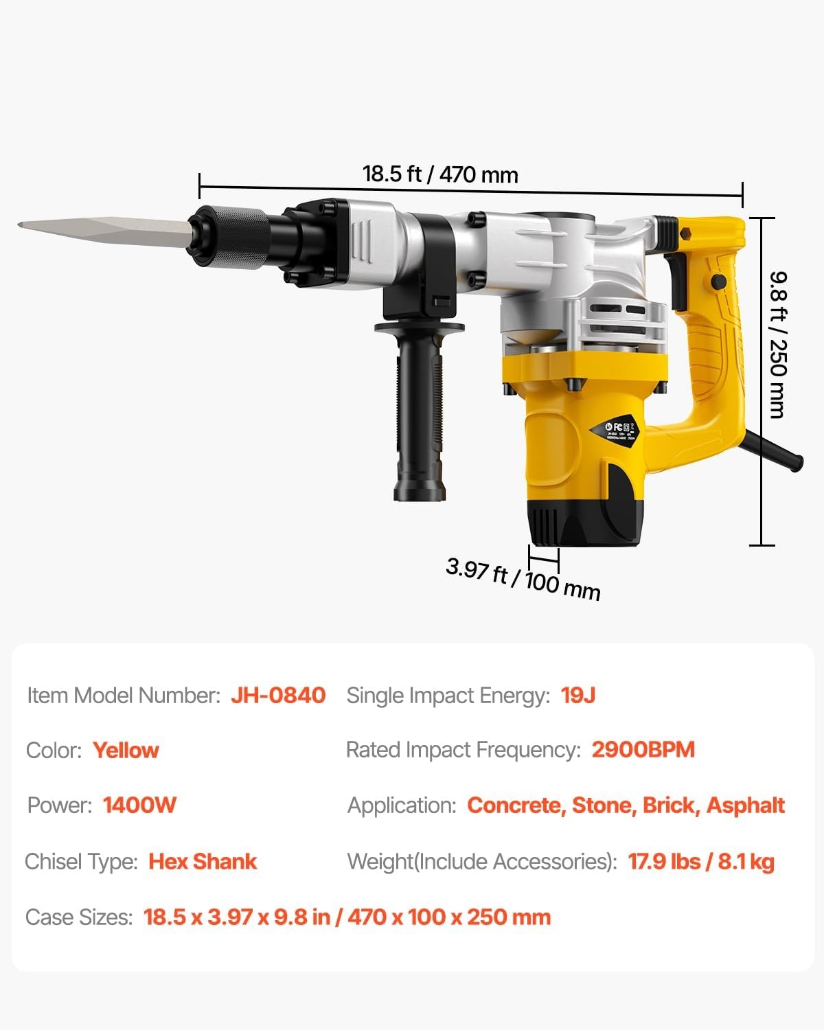 image:imageVEVOR Demolition Jack Hammer 1400W Electric Jackhammer Heavy Duty 2900 BPM Jack Hammer Concrete Breaker with 1 Point Chisel 1 Flat Chisel Storage Case Gloves and Goggles for DemolitionYellow