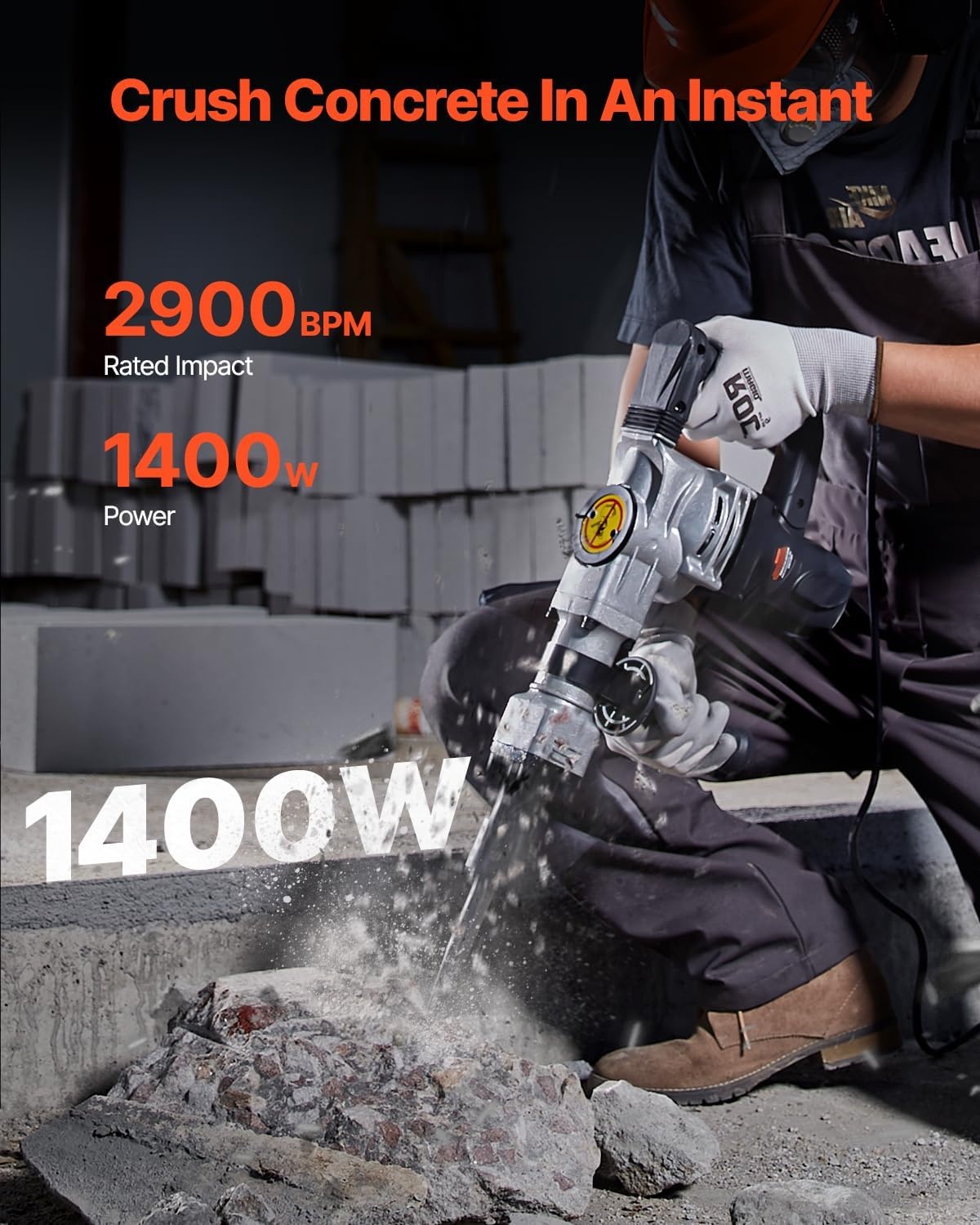 image:imageVEVOR Demolition Jack Hammer 1400W Electric Jackhammer Heavy Duty 2900 BPM Jack Hammer Concrete Breaker with 1 Point Chisel 1 Flat Chisel Storage Case Gloves and Goggles for DemolitionBlack