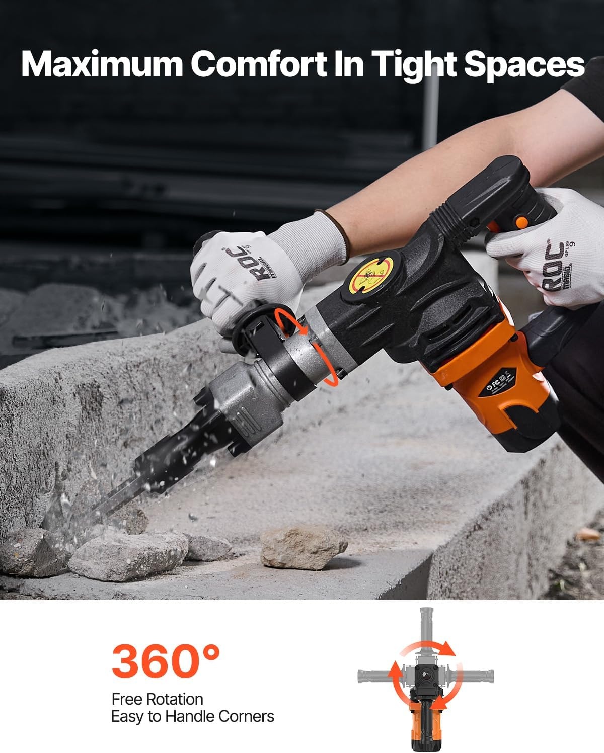 image:imageVEVOR Demolition Jack Hammer 1400W Electric Jackhammer Heavy Duty 2900 BPM Jack Hammer Concrete Breaker with 1 Point Chisel 1 Flat Chisel Storage Case Gloves and Goggles for DemolitionOrange