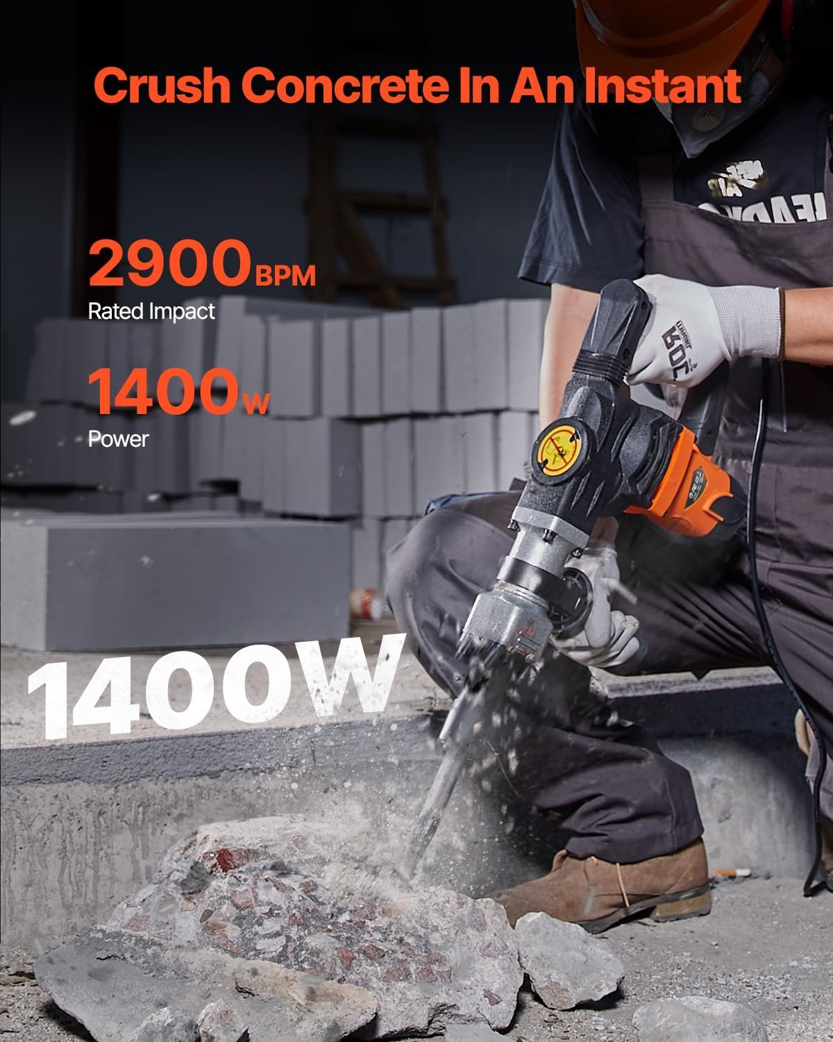 image:imageVEVOR Demolition Jack Hammer 1400W Electric Jackhammer Heavy Duty 2900 BPM Jack Hammer Concrete Breaker with 1 Point Chisel 1 Flat Chisel Storage Case Gloves and Goggles for DemolitionOrange