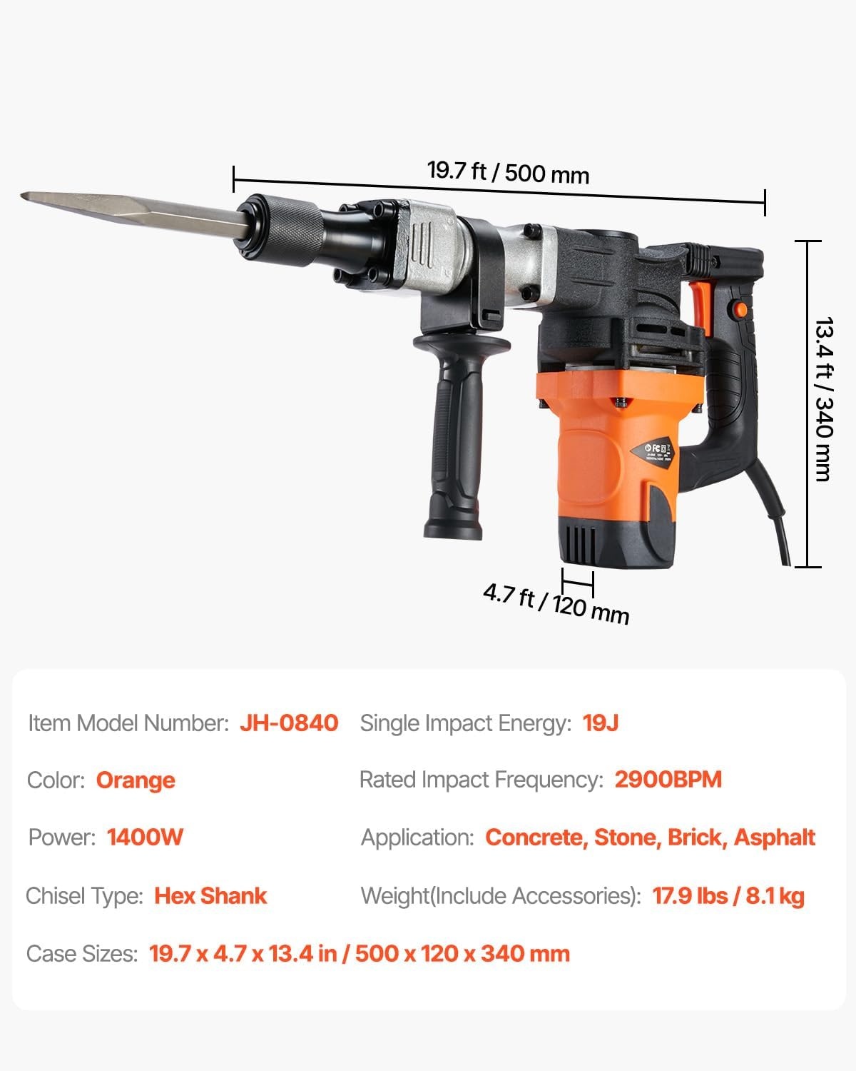image:imageVEVOR Demolition Jack Hammer 1400W Electric Jackhammer Heavy Duty 2900 BPM Jack Hammer Concrete Breaker with 1 Point Chisel 1 Flat Chisel Storage Case Gloves and Goggles for DemolitionOrange