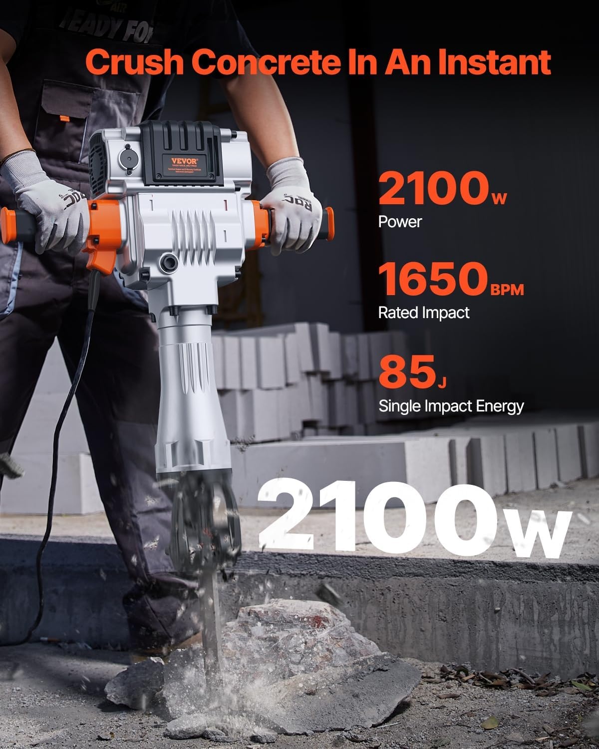 image:imageVEVOR Demolition Jack Hammer 2100 W Powerful Electric Jackhammer 1650 BPM Concrete Breaker with 2 Point Chisels 2 Flat Chisels Hand Trolley Gloves for Concrete Wall Brick Tile and FoundationNo Trolley Version