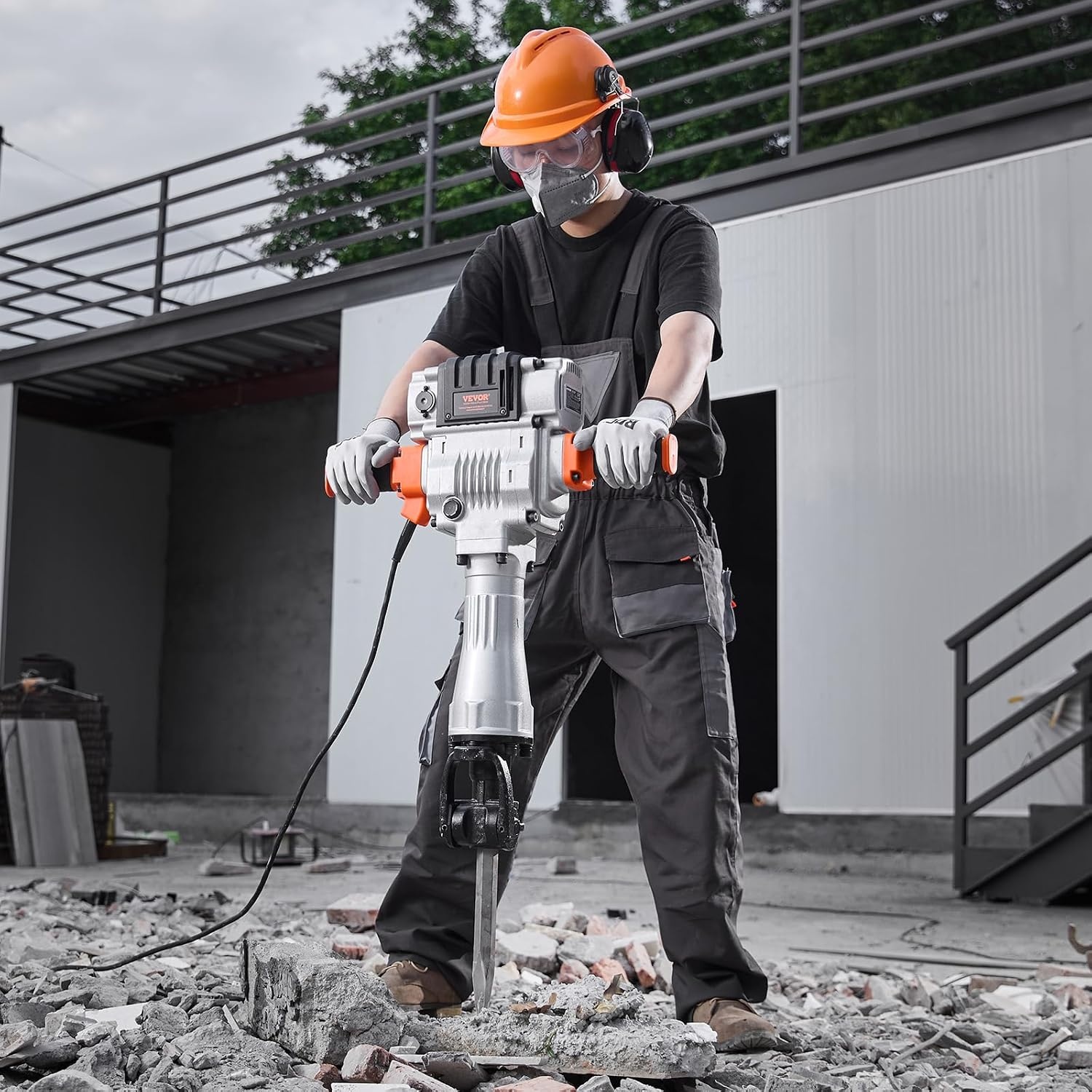 image:imageVEVOR Demolition Jack Hammer 2100 W Powerful Electric Jackhammer 1650 BPM Concrete Breaker with 2 Point Chisels 2 Flat Chisels Hand Trolley Gloves for Concrete Wall Brick Tile and FoundationNo Trolley Version