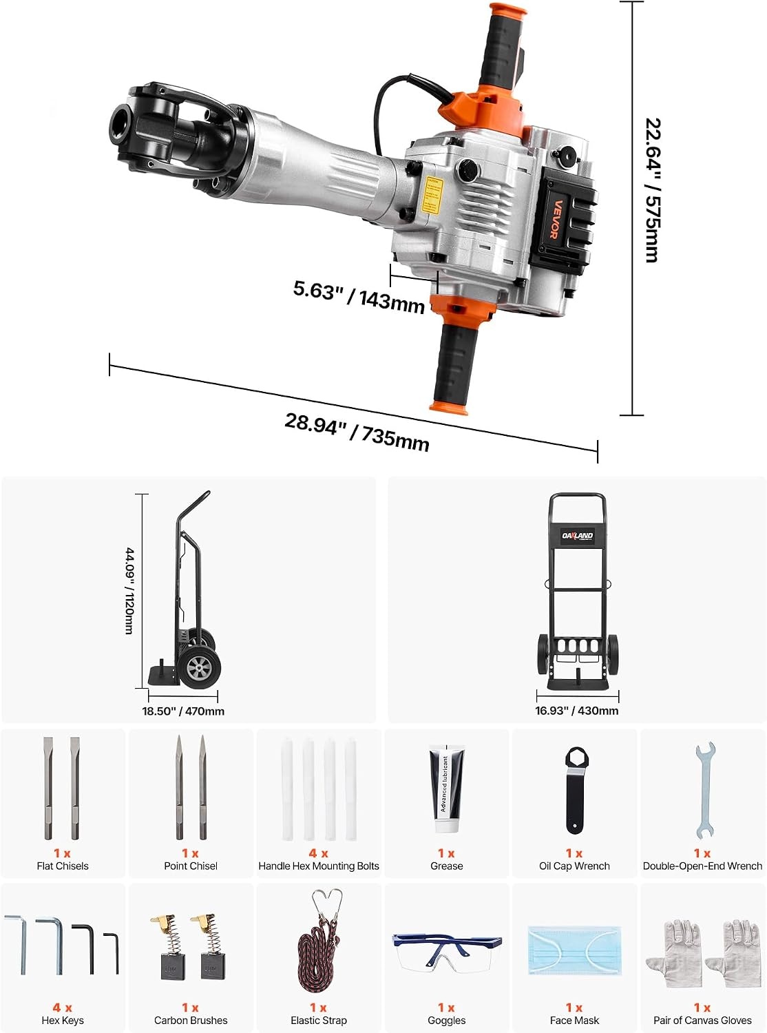 image:imageVEVOR Demolition Jack Hammer 2100 W Powerful Electric Jackhammer 1650 BPM Concrete Breaker with 2 Point Chisels 2 Flat Chisels Hand Trolley Gloves for Concrete Wall Brick Tile and FoundationTrolley Version