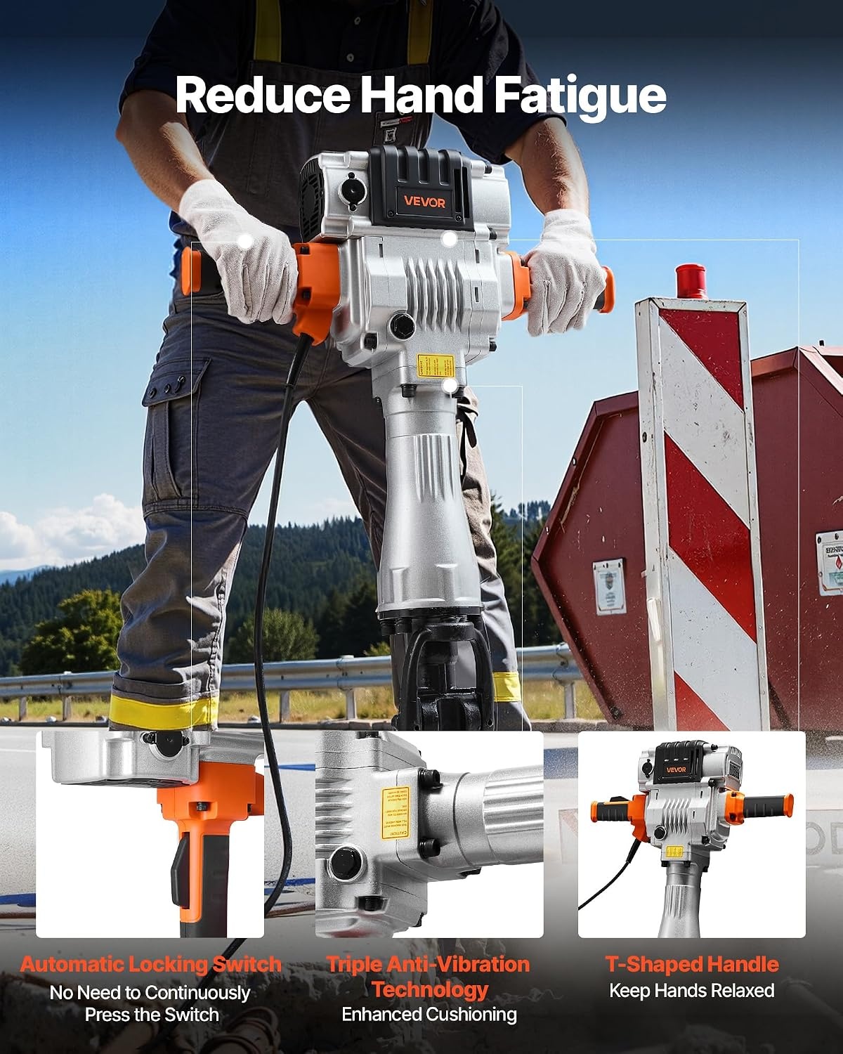 image:imageVEVOR Demolition Jack Hammer 2100 W Powerful Electric Jackhammer 1650 BPM Concrete Breaker with 2 Point Chisels 2 Flat Chisels Hand Trolley Gloves for Concrete Wall Brick Tile and FoundationTrolley Version