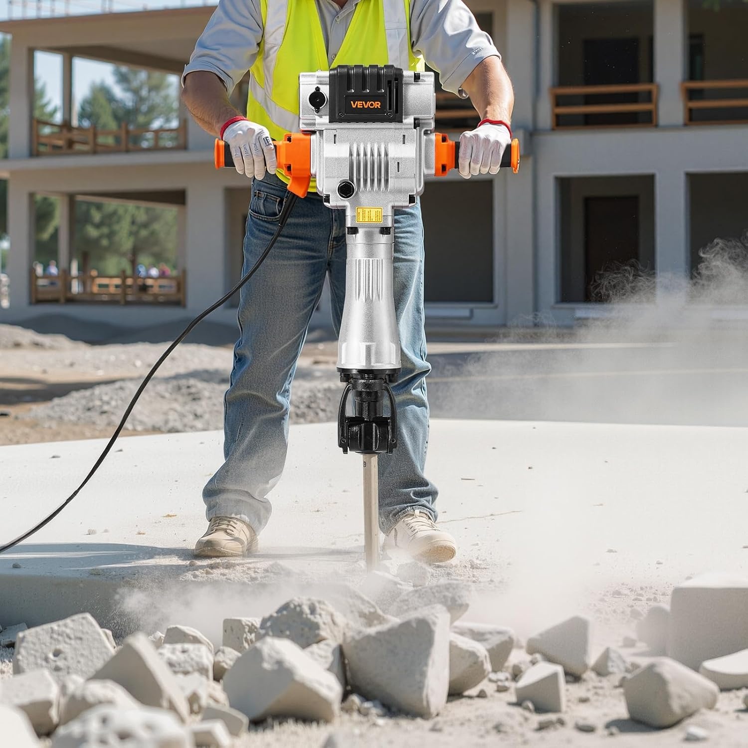 image:imageVEVOR Demolition Jack Hammer 2100 W Powerful Electric Jackhammer 1650 BPM Concrete Breaker with 2 Point Chisels 2 Flat Chisels Hand Trolley Gloves for Concrete Wall Brick Tile and FoundationTrolley Version