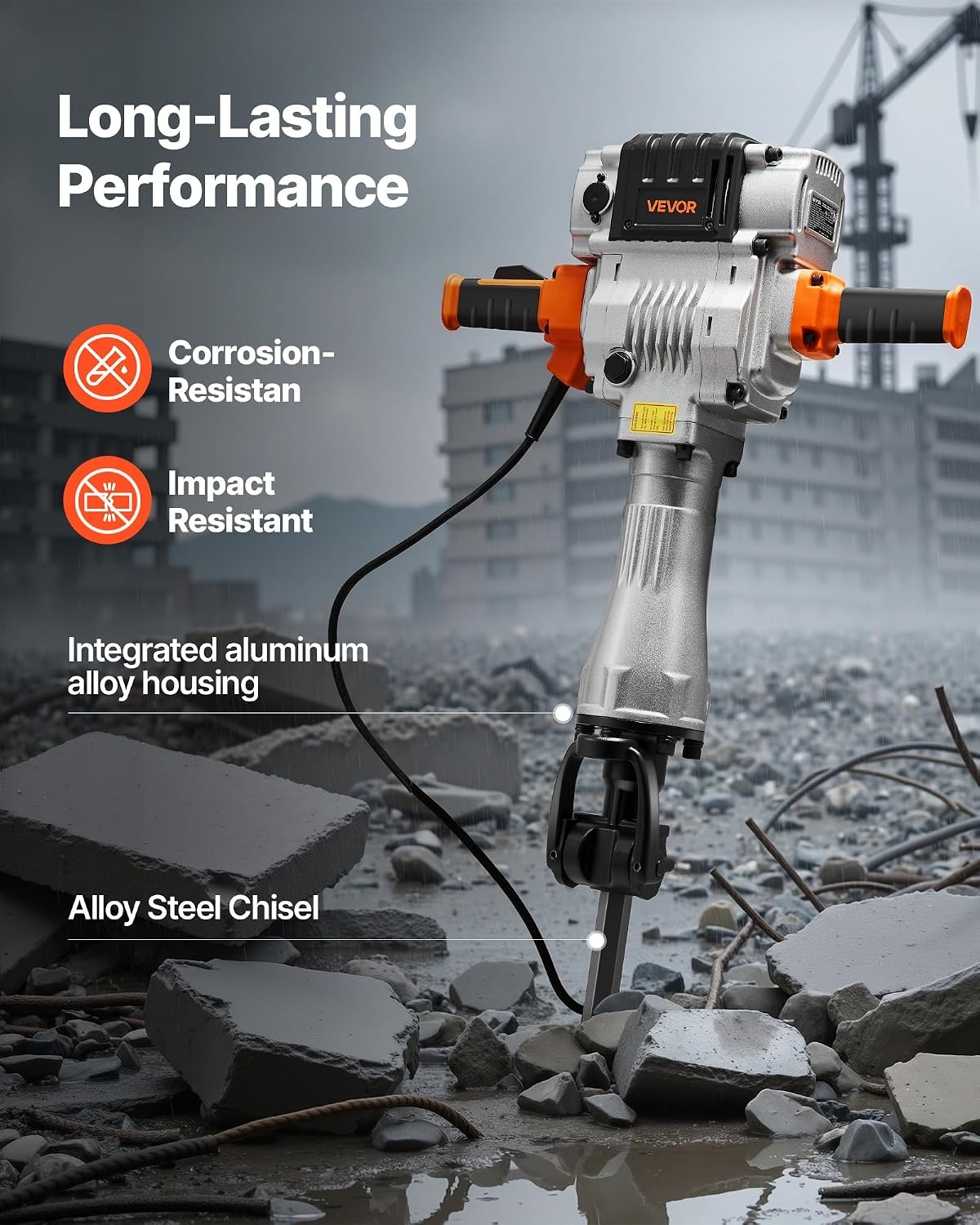 image:imageVEVOR Demolition Jack Hammer 2100 W Powerful Electric Jackhammer 1650 BPM Concrete Breaker with 2 Point Chisels 2 Flat Chisels Hand Trolley Gloves for Concrete Wall Brick Tile and FoundationTrolley Version