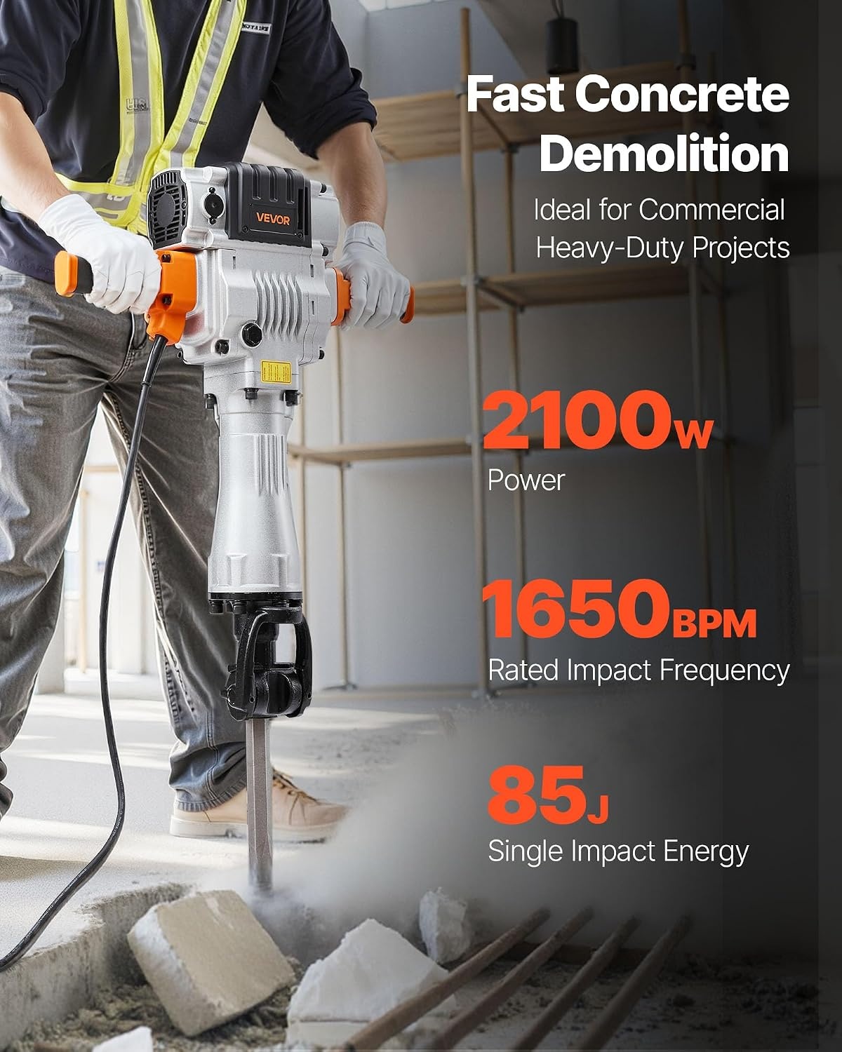 image:imageVEVOR Demolition Jack Hammer 2100 W Powerful Electric Jackhammer 1650 BPM Concrete Breaker with 2 Point Chisels 2 Flat Chisels Hand Trolley Gloves for Concrete Wall Brick Tile and FoundationTrolley Version