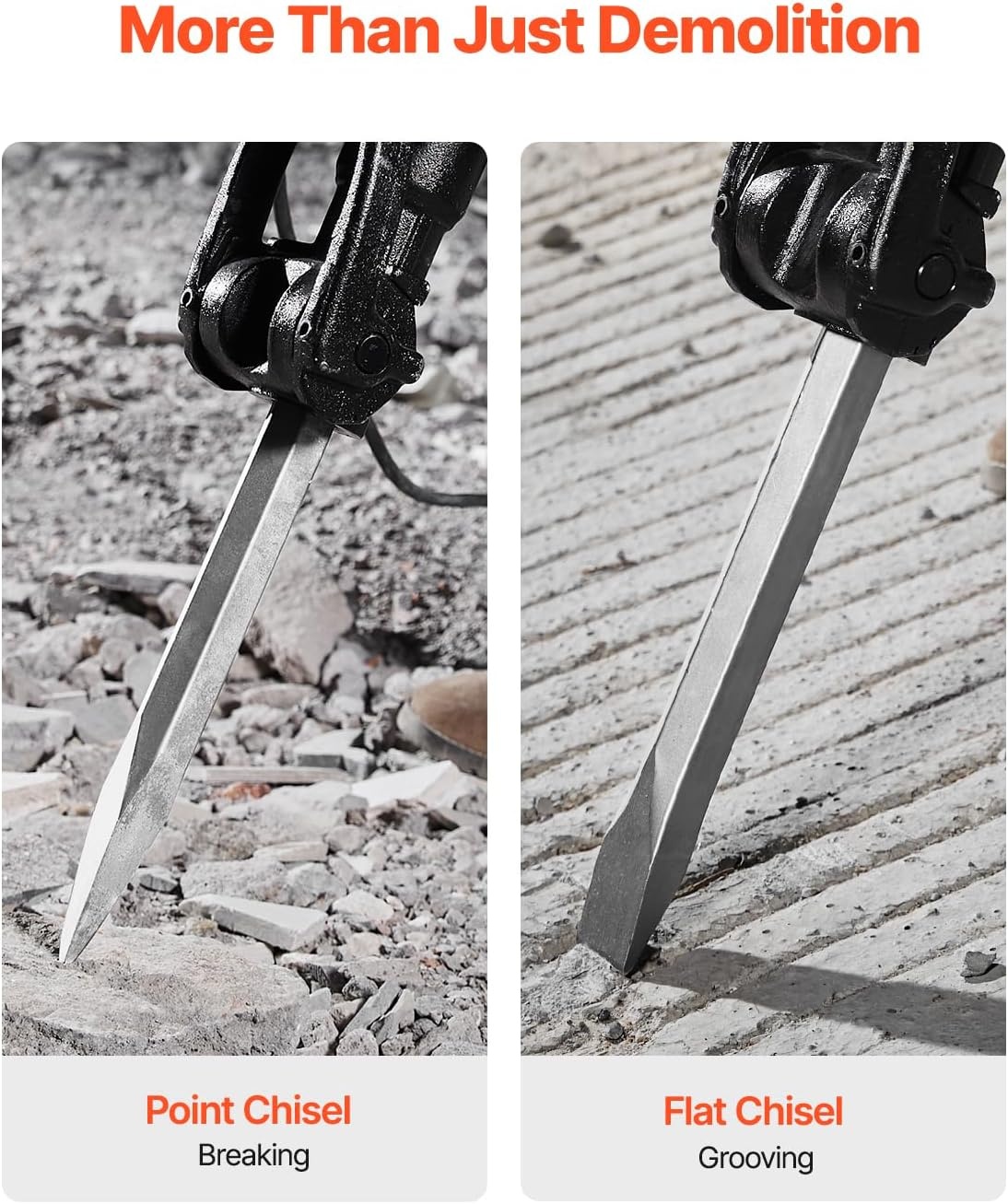 image:imageVEVOR Demolition Jack Hammer 2100 W Powerful Electric Jackhammer 1650 BPM Concrete Breaker with 2 Point Chisels 2 Flat Chisels Hand Trolley Gloves for Concrete Wall Brick Tile and FoundationNo Trolley Version