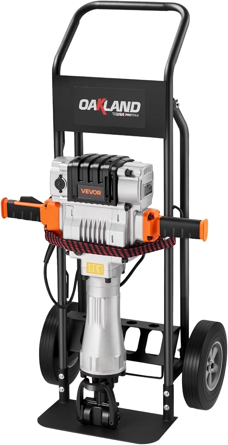 image:imageVEVOR Demolition Jack Hammer 2100 W Powerful Electric Jackhammer 1650 BPM Concrete Breaker with 2 Point Chisels 2 Flat Chisels Hand Trolley Gloves for Concrete Wall Brick Tile and FoundationTrolley Version