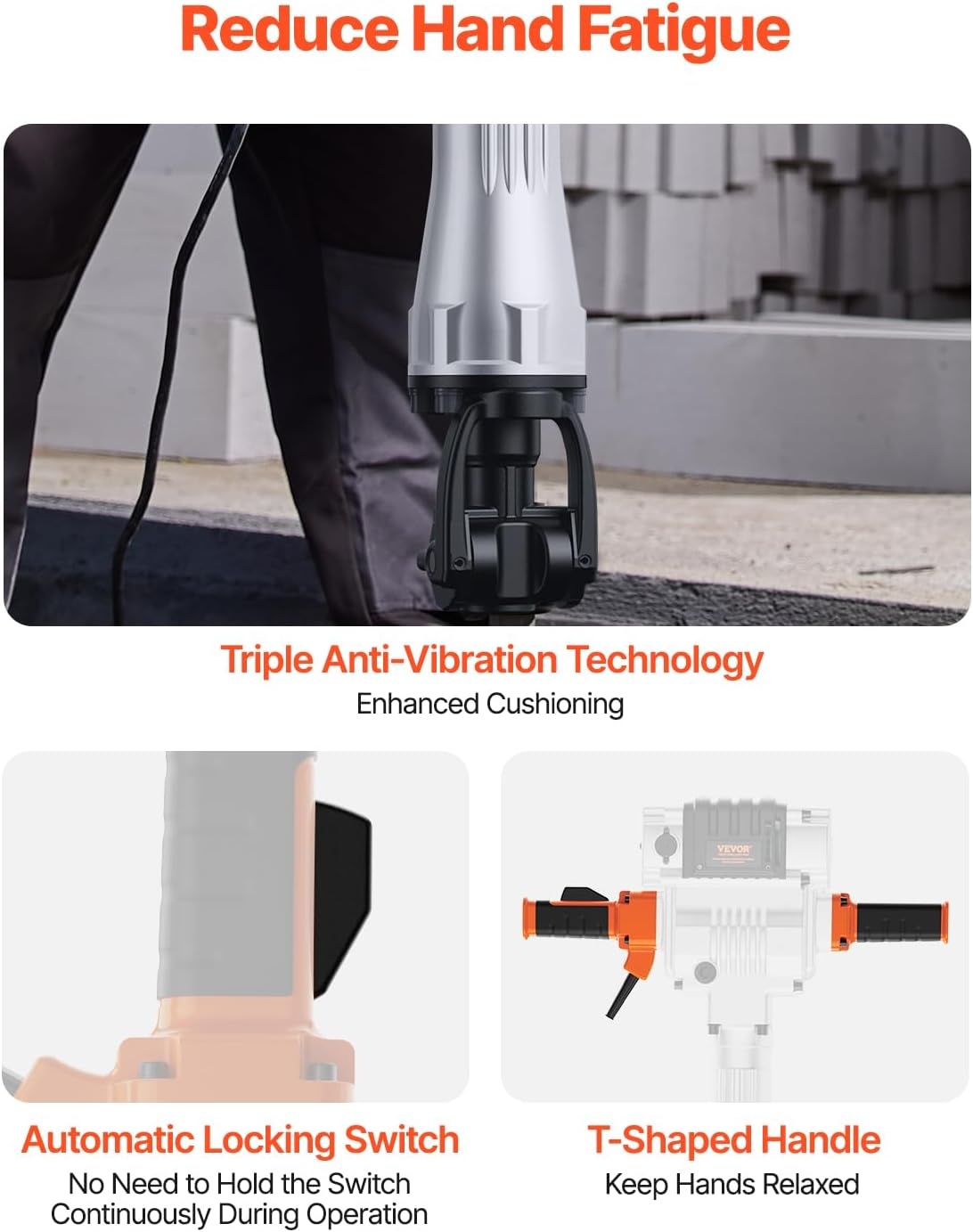 image:imageVEVOR Demolition Jack Hammer 2100 W Powerful Electric Jackhammer 1650 BPM Concrete Breaker with 2 Point Chisels 2 Flat Chisels Hand Trolley Gloves for Concrete Wall Brick Tile and FoundationNo Trolley Version