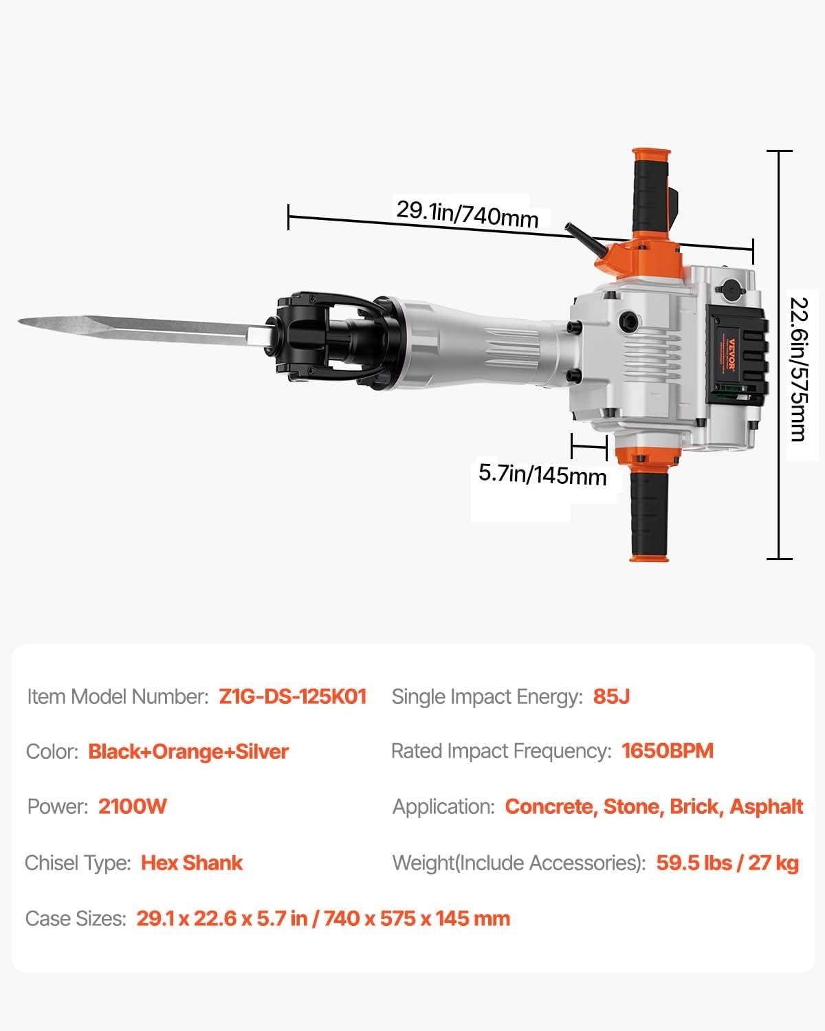 image:imageVEVOR Demolition Jack Hammer 2100 W Powerful Electric Jackhammer 1650 BPM Concrete Breaker with 2 Point Chisels 2 Flat Chisels Hand Trolley Gloves for Concrete Wall Brick Tile and FoundationNo Trolley Version