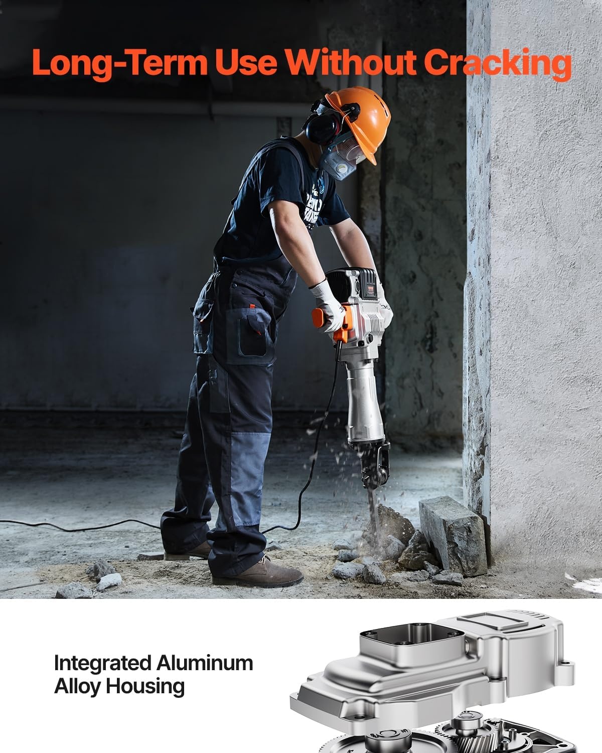 image:imageVEVOR Demolition Jack Hammer 2100 W Powerful Electric Jackhammer 1650 BPM Concrete Breaker with 2 Point Chisels 2 Flat Chisels Hand Trolley Gloves for Concrete Wall Brick Tile and FoundationNo Trolley Version