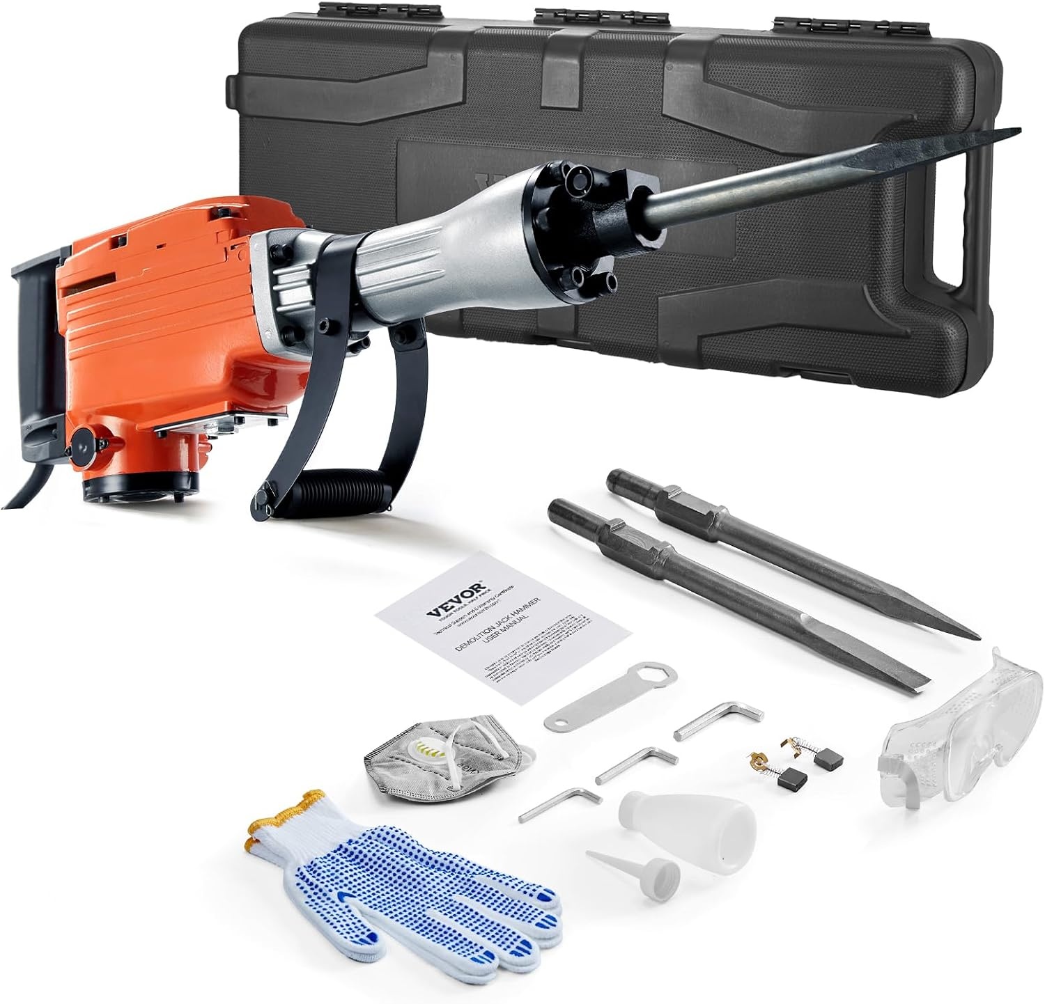 image:imageVEVOR Demolition Jack Hammer 2200W Electric Jackhammer Heavy Duty 1350 BPM Jack Hammer Concrete Breaker with 1 Point Chisel 1 Flat Chisel Storage Case Gloves and Goggles for DemolitionOrange