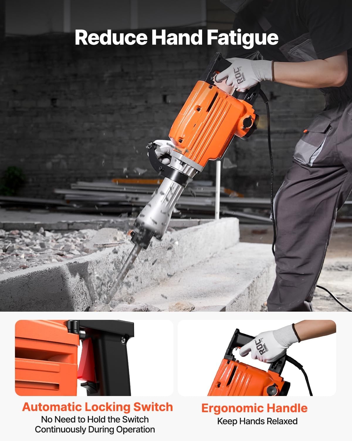 image:imageVEVOR Demolition Jack Hammer 2200W Electric Jackhammer Heavy Duty 1350 BPM Jack Hammer Concrete Breaker with 1 Point Chisel 1 Flat Chisel Storage Case Gloves and Goggles for DemolitionOrange