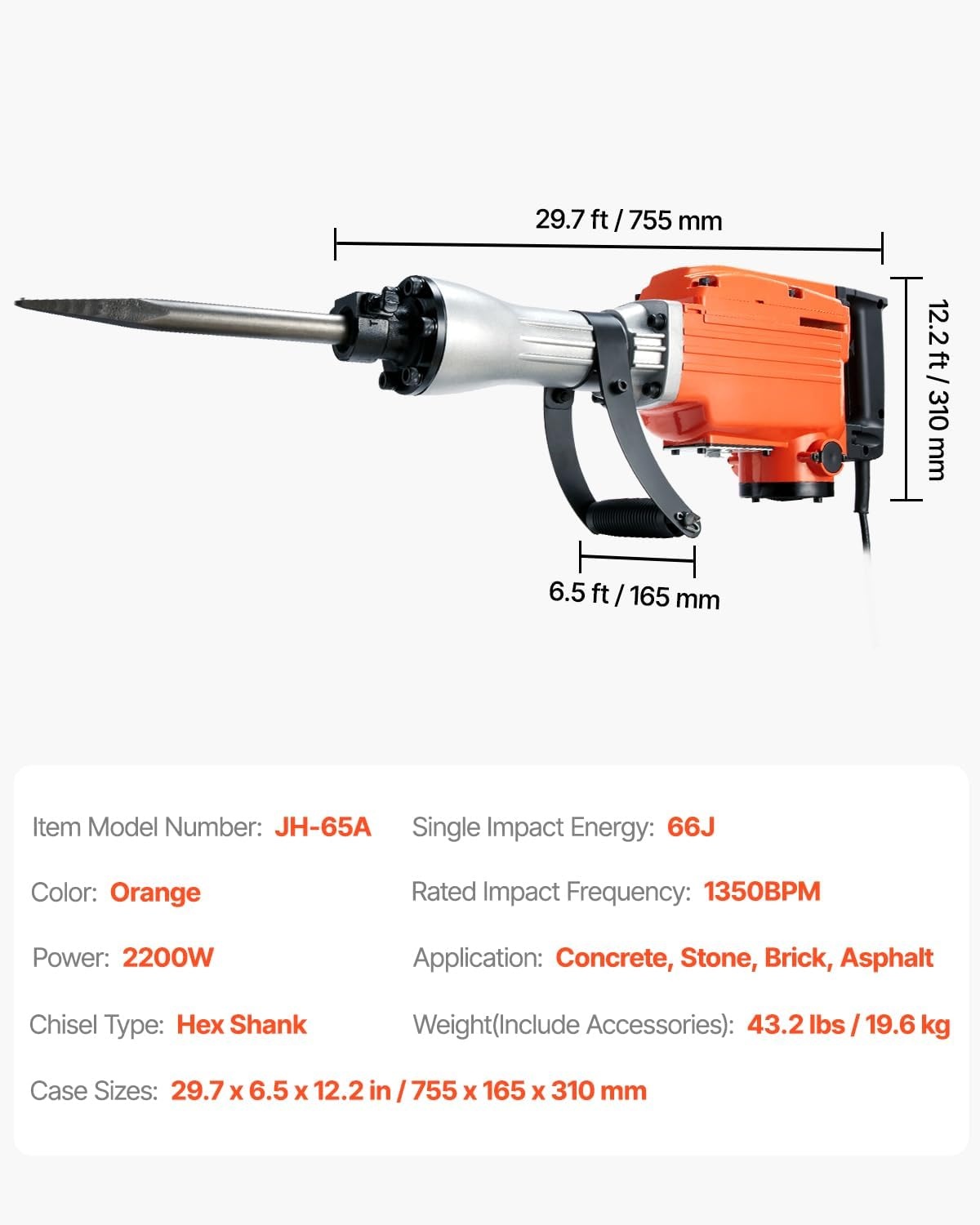 image:imageVEVOR Demolition Jack Hammer 2200W Electric Jackhammer Heavy Duty 1350 BPM Jack Hammer Concrete Breaker with 1 Point Chisel 1 Flat Chisel Storage Case Gloves and Goggles for DemolitionOrange