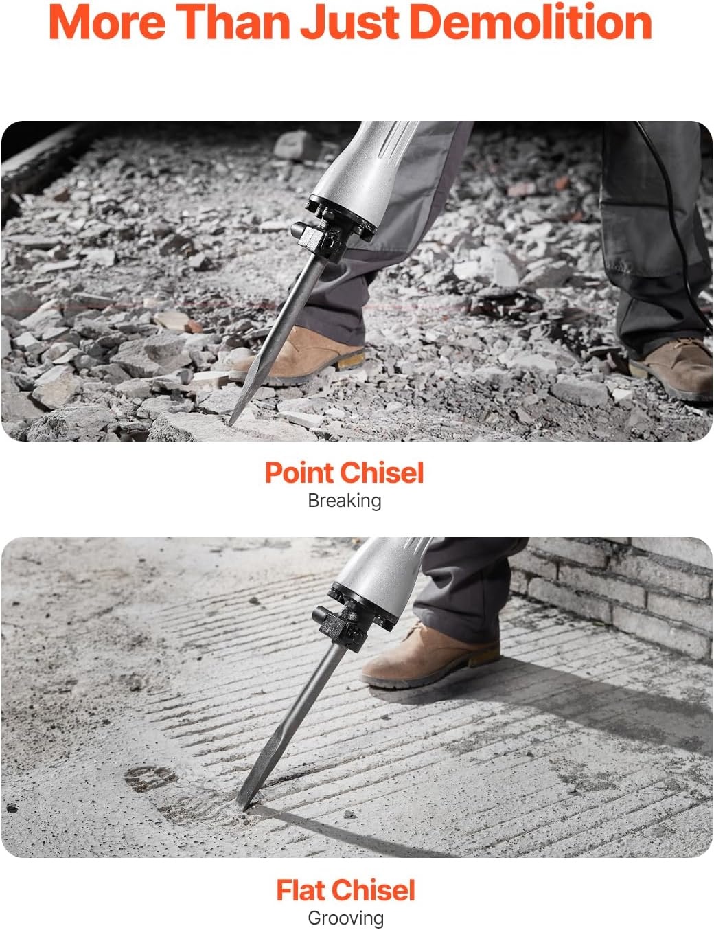 image:imageVEVOR Demolition Jack Hammer 2200W Electric Jackhammer Heavy Duty 1350 BPM Jack Hammer Concrete Breaker with 1 Point Chisel 1 Flat Chisel Storage Case Gloves and Goggles for DemolitionOrange