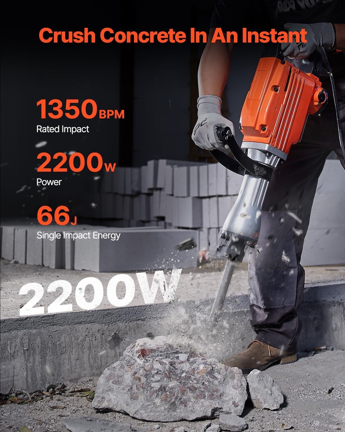 image:imageVEVOR Demolition Jack Hammer 2200W Electric Jackhammer Heavy Duty 1350 BPM Jack Hammer Concrete Breaker with 1 Point Chisel 1 Flat Chisel Storage Case Gloves and Goggles for DemolitionOrange