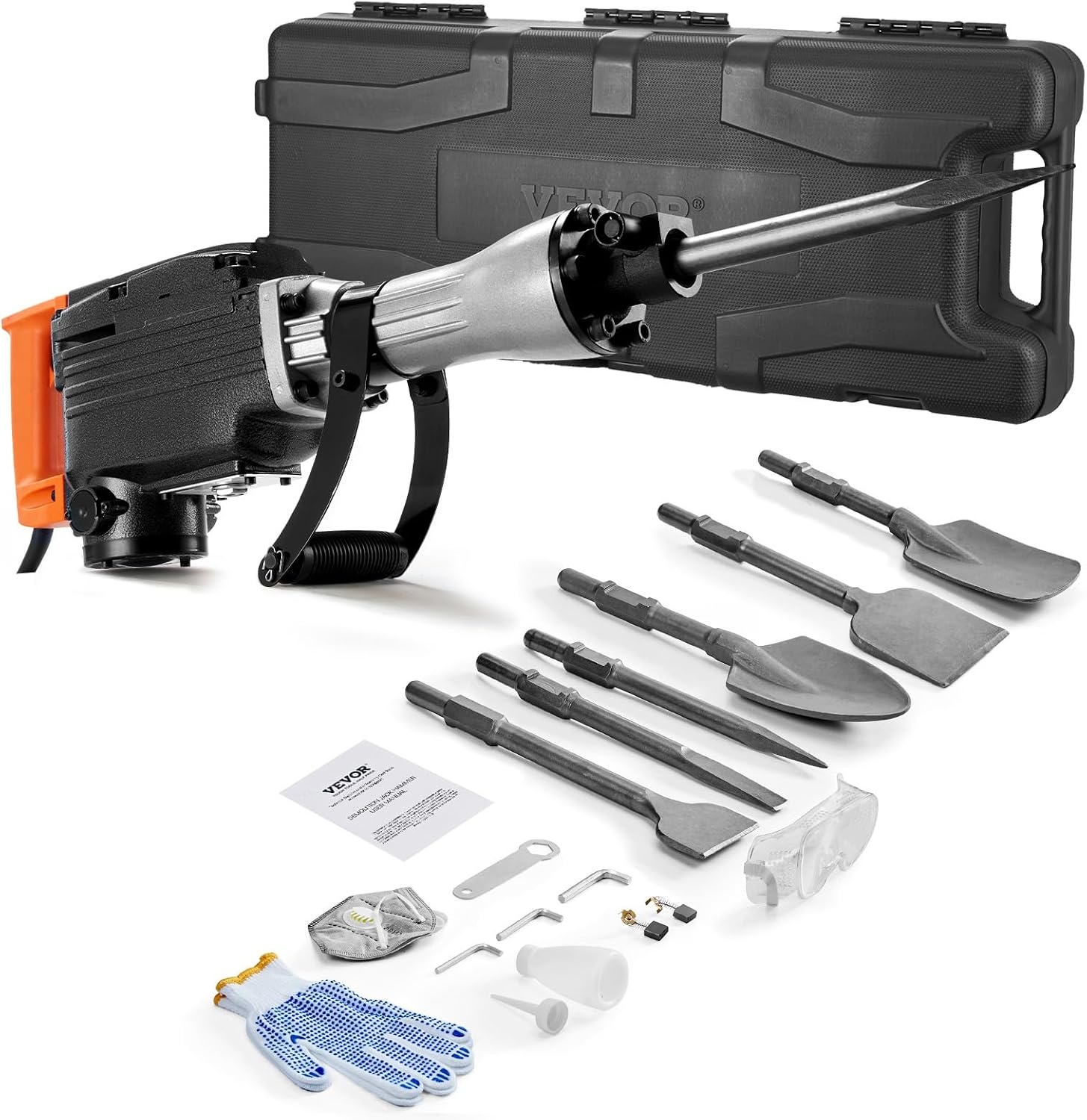 image:imageVEVOR Demolition Jack Hammer MAX 2200W Electric Jackhammer Heavy Duty 1350 BPM Concrete Breaker 6pcs Chisels Bit Chipping WCase 1350 BPM Concrete Breaker 6pcs Chisels Bit Chipping With CaseBlack