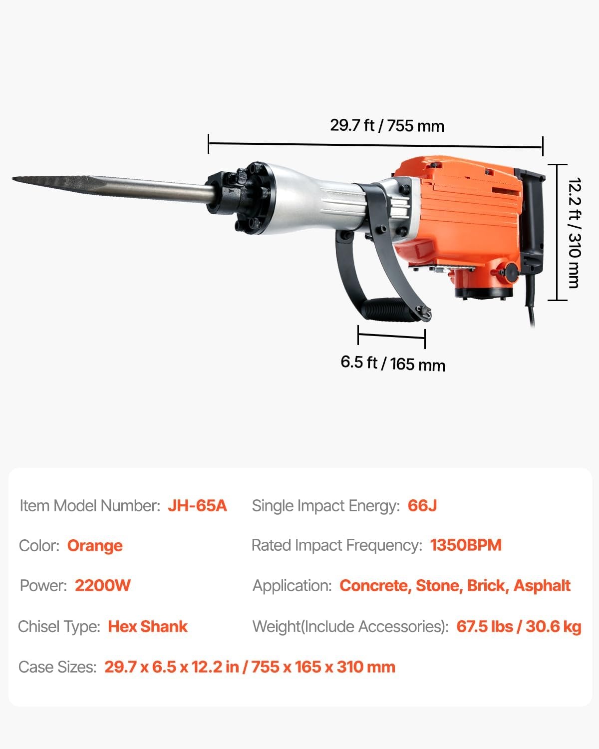 image:imageVEVOR Demolition Jack Hammer MAX 2200W Electric Jackhammer Heavy Duty 1350 BPM Concrete Breaker 6pcs Chisels Bit Chipping WCase 1350 BPM Concrete Breaker 6pcs Chisels Bit Chipping With CaseOrange