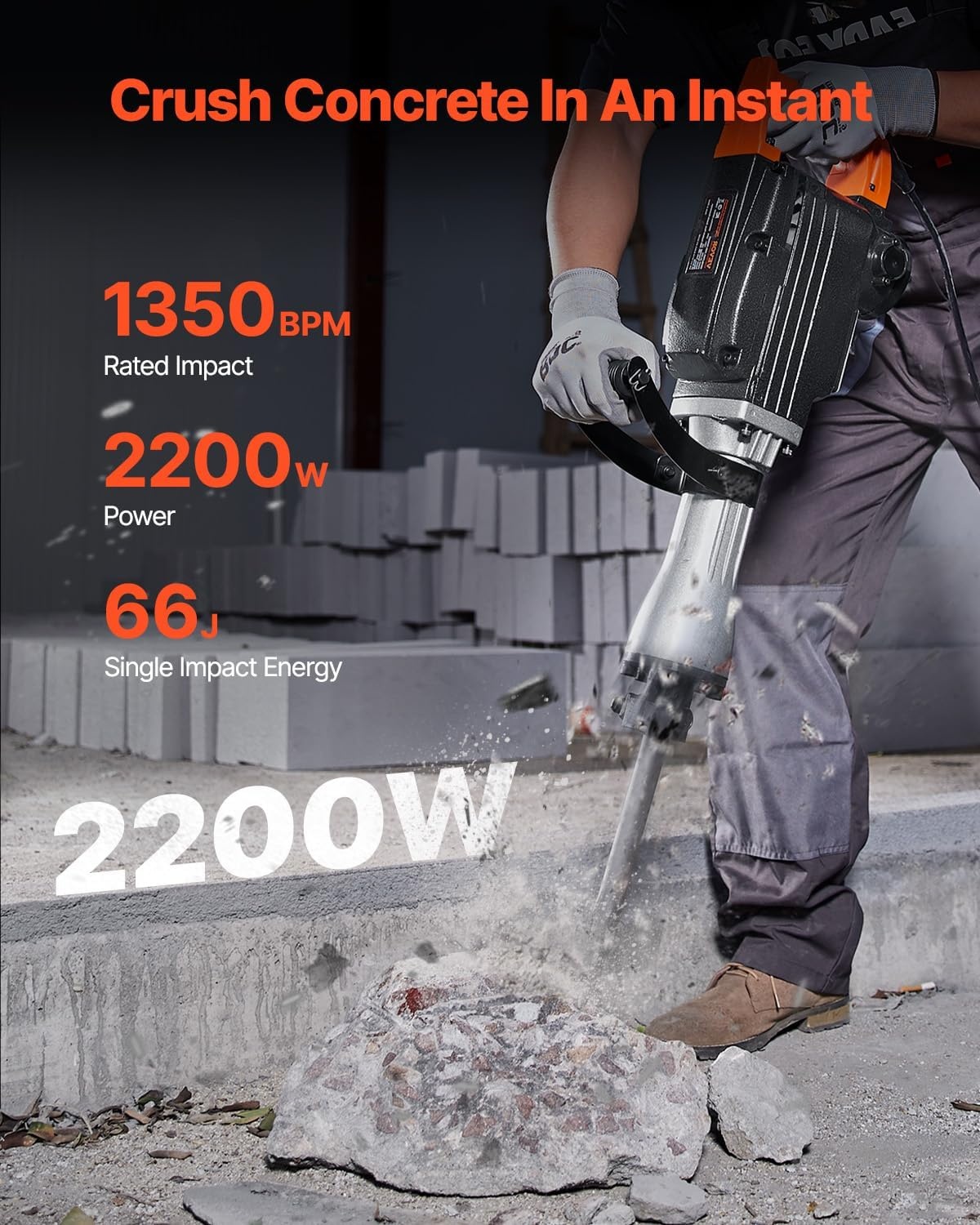 image:imageVEVOR Demolition Jack Hammer MAX 2200W Electric Jackhammer Heavy Duty 1350 BPM Concrete Breaker 6pcs Chisels Bit Chipping WCase 1350 BPM Concrete Breaker 6pcs Chisels Bit Chipping With CaseBlack
