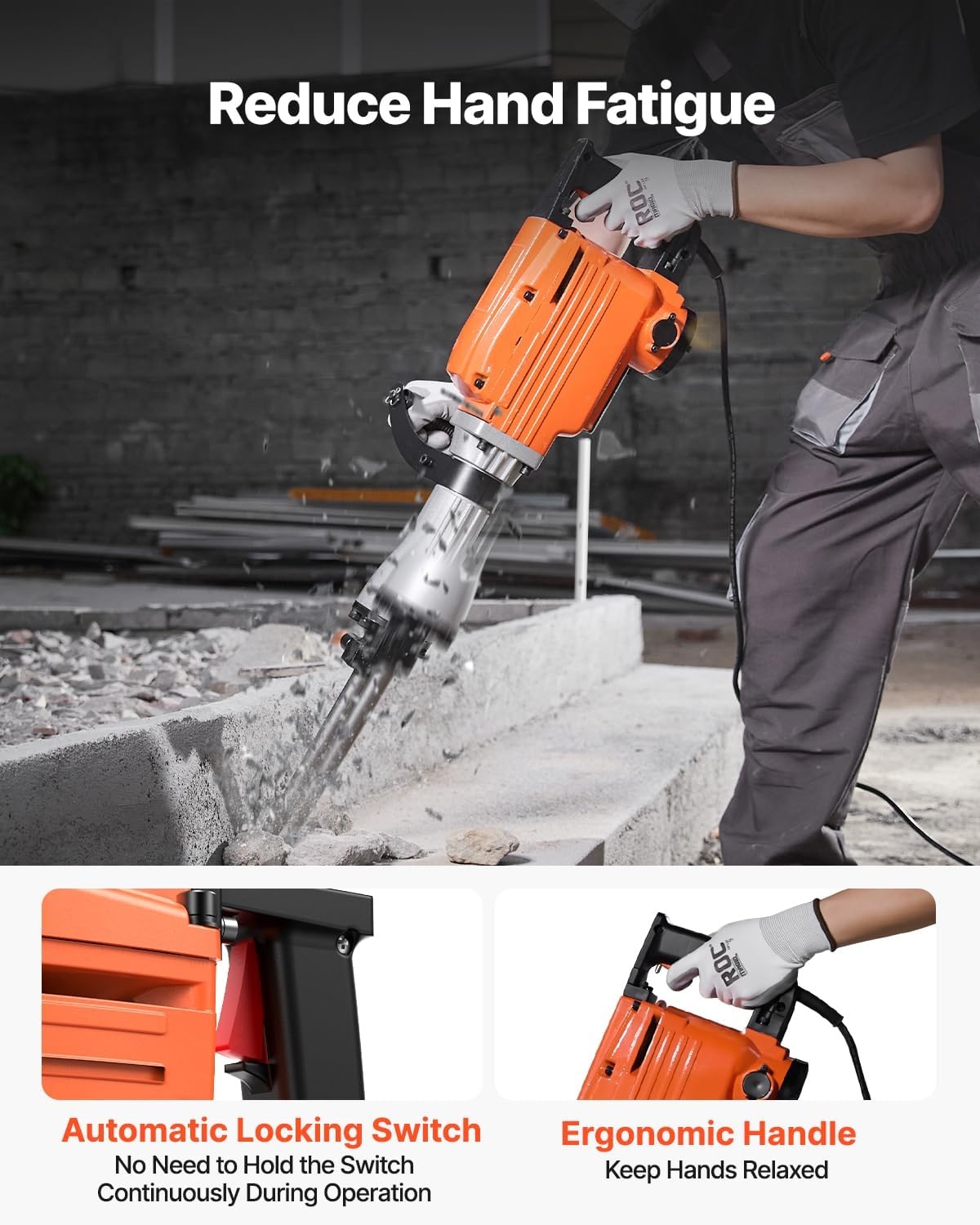 image:imageVEVOR Demolition Jack Hammer MAX 2200W Electric Jackhammer Heavy Duty 1350 BPM Concrete Breaker 6pcs Chisels Bit Chipping WCase 1350 BPM Concrete Breaker 6pcs Chisels Bit Chipping With CaseOrange