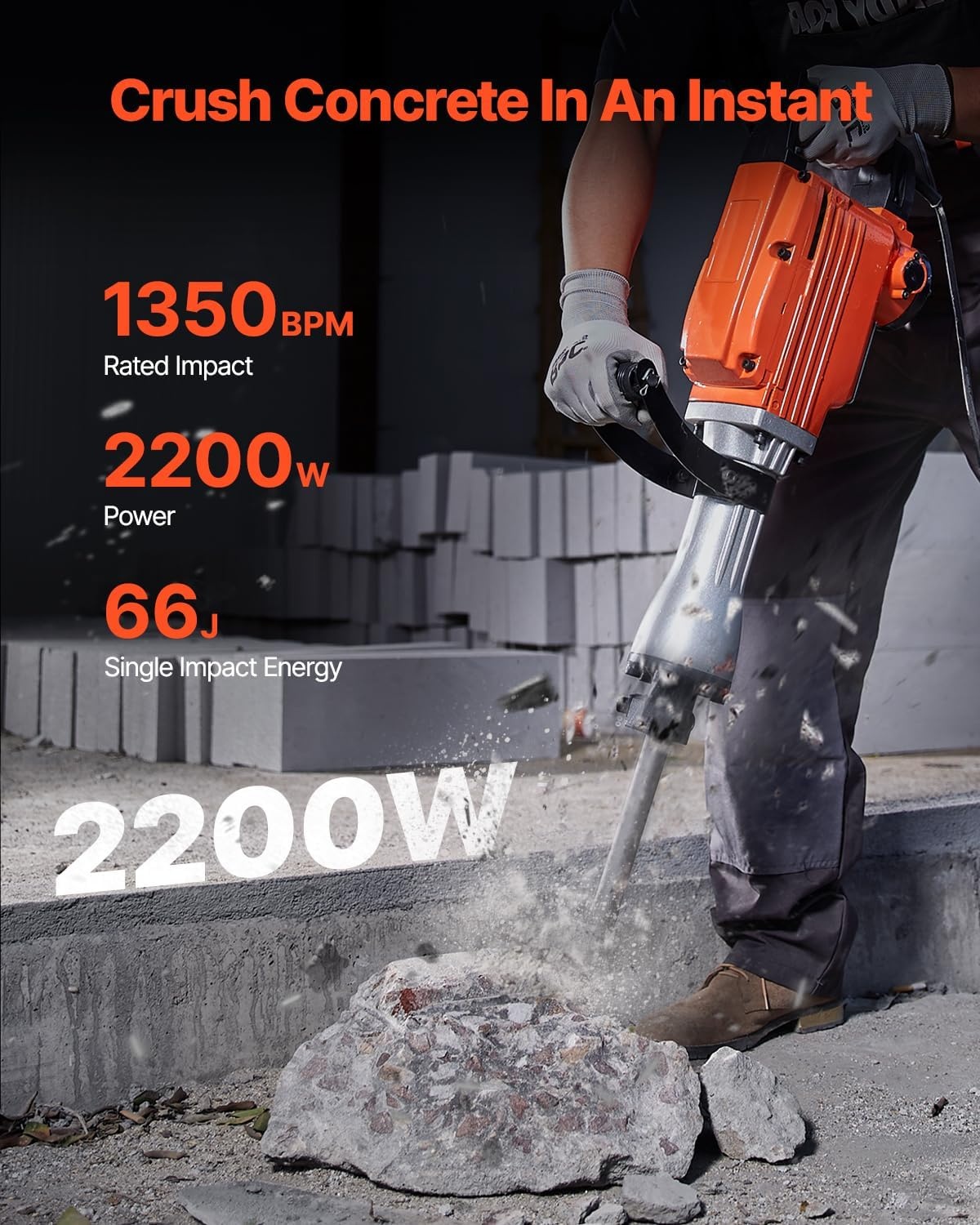 image:imageVEVOR Demolition Jack Hammer MAX 2200W Electric Jackhammer Heavy Duty 1350 BPM Concrete Breaker 6pcs Chisels Bit Chipping WCase 1350 BPM Concrete Breaker 6pcs Chisels Bit Chipping With CaseOrange