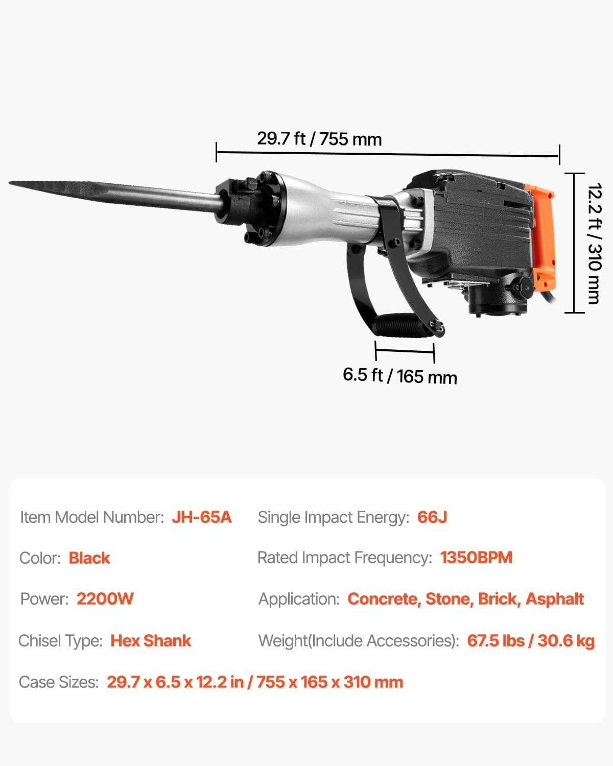 image:imageVEVOR Demolition Jack Hammer MAX 2200W Electric Jackhammer Heavy Duty 1350 BPM Concrete Breaker 6pcs Chisels Bit Chipping WCase 1350 BPM Concrete Breaker 6pcs Chisels Bit Chipping With CaseBlack