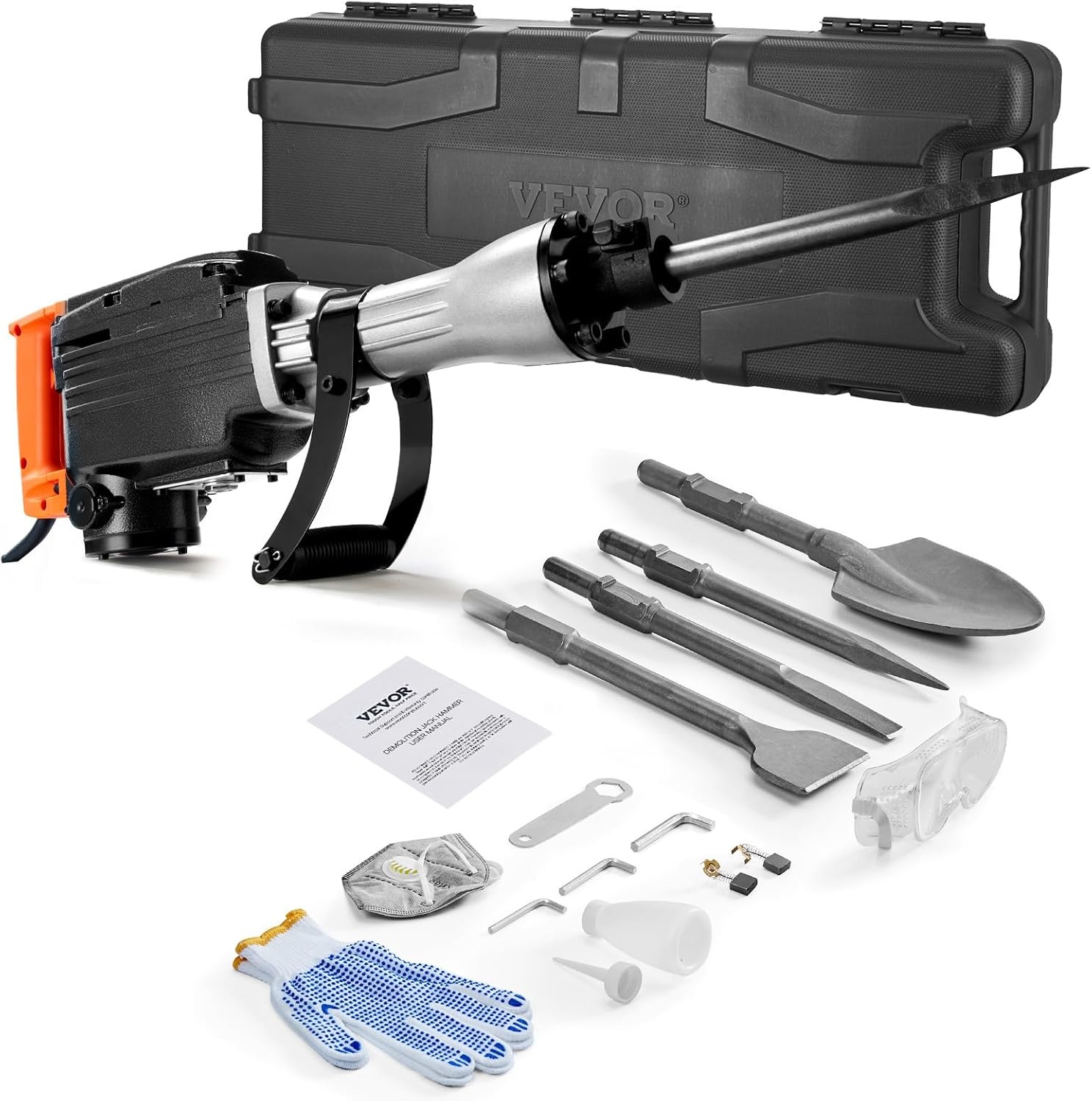 image:imageVEVOR Demolition Jack Hammer MAX 2200W Electric Jackhammer Heavy Duty 1400 BPM Concrete Breaker 4pcs Chisels Bit Chipping WCase GlovesBlack