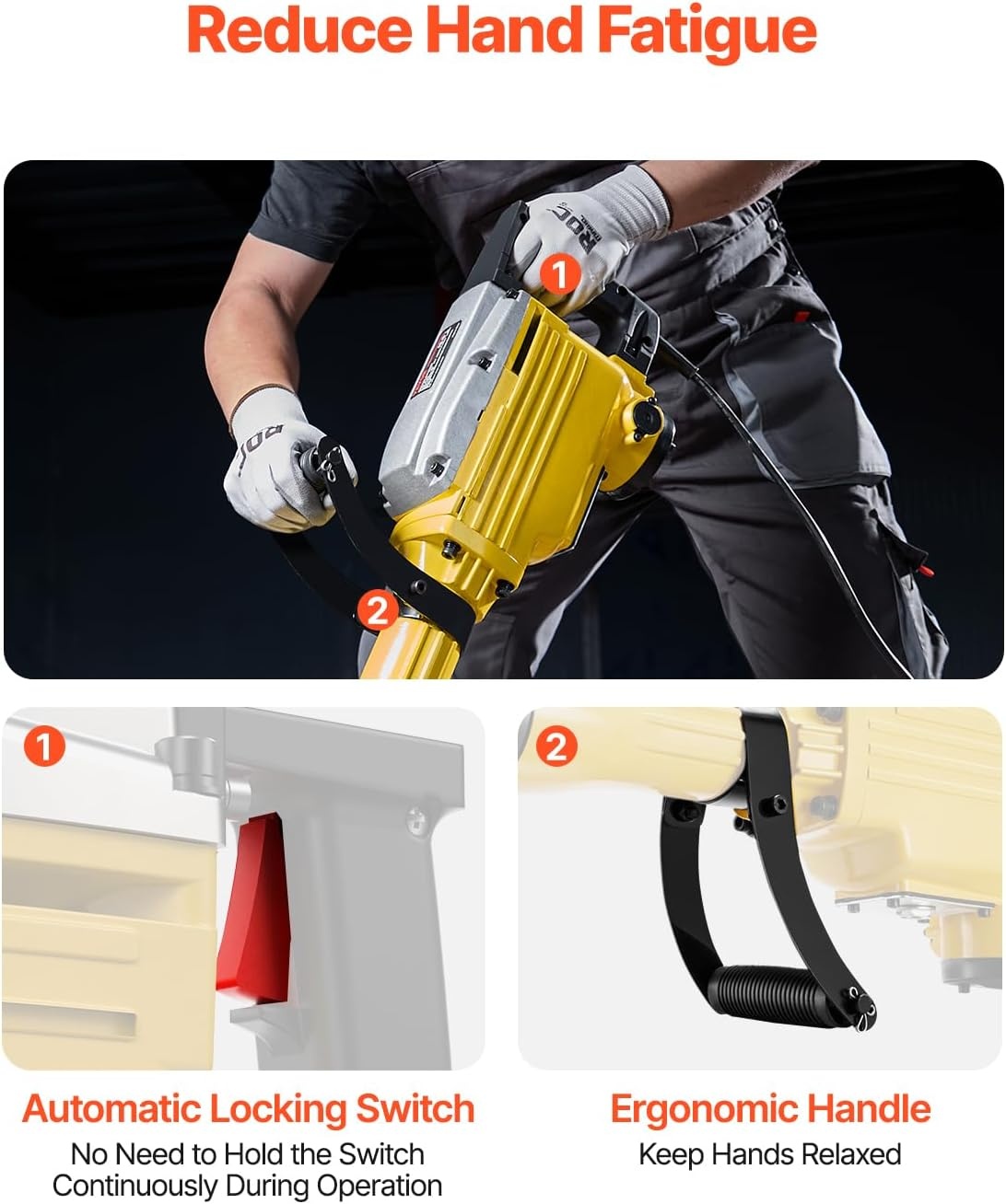 image:imageVEVOR Demolition Jack Hammer MAX 2200W Electric Jackhammer Heavy Duty 1400 BPM Concrete Breaker 4pcs Chisels Bit Chipping WCase GlovesYellow