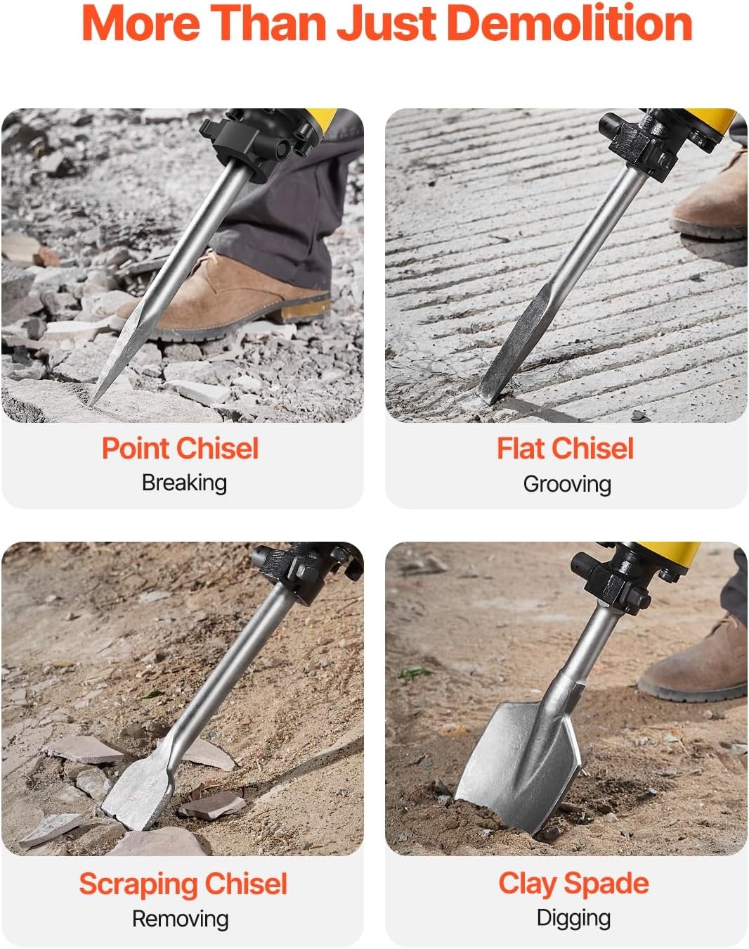image:imageVEVOR Demolition Jack Hammer MAX 2200W Electric Jackhammer Heavy Duty 1400 BPM Concrete Breaker 4pcs Chisels Bit Chipping WCase GlovesYellow