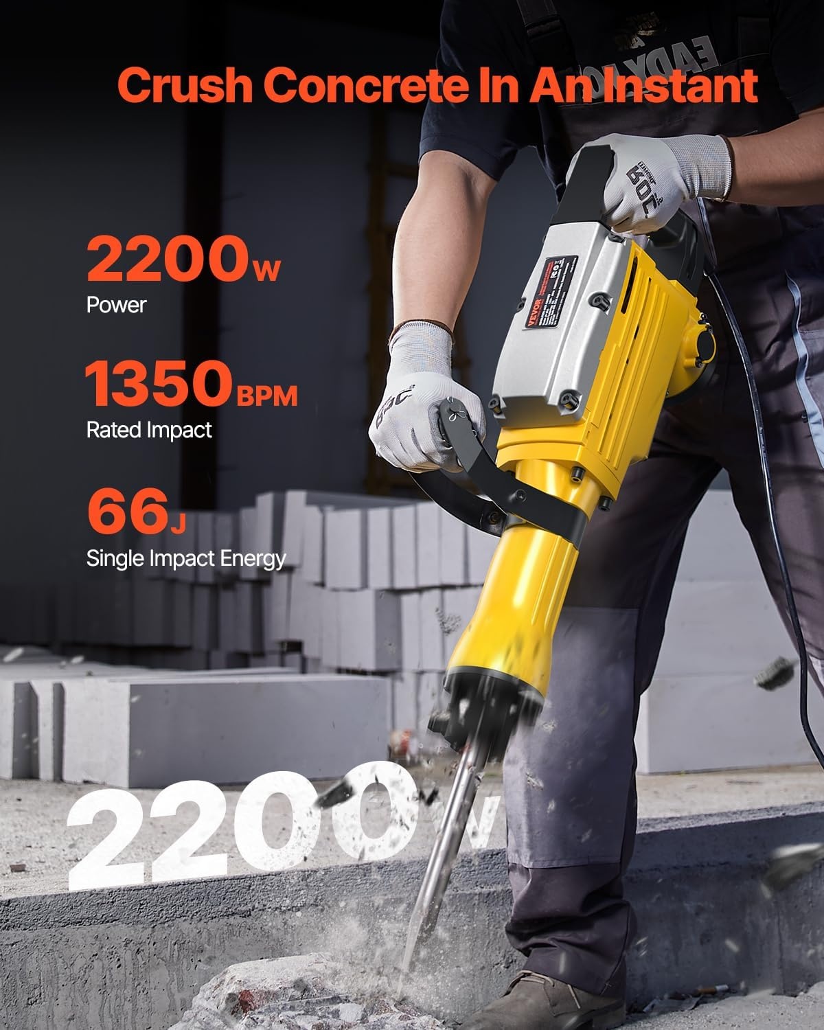 image:imageVEVOR Demolition Jack Hammer MAX 2200W Electric Jackhammer Heavy Duty 1400 BPM Concrete Breaker 4pcs Chisels Bit Chipping WCase GlovesYellow