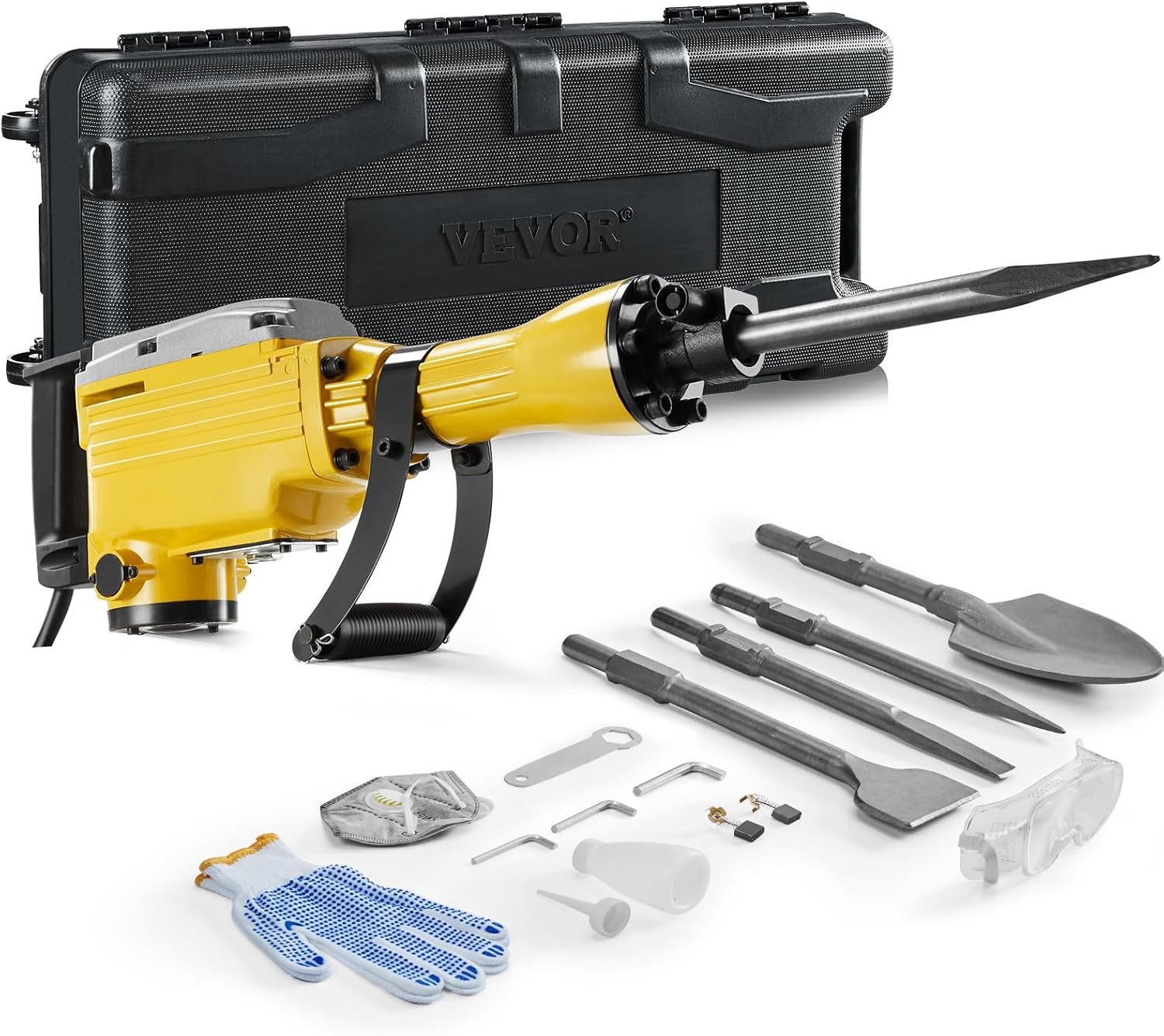 image:imageVEVOR Demolition Jack Hammer MAX 2200W Electric Jackhammer Heavy Duty 1400 BPM Concrete Breaker 4pcs Chisels Bit Chipping WCase GlovesYellow