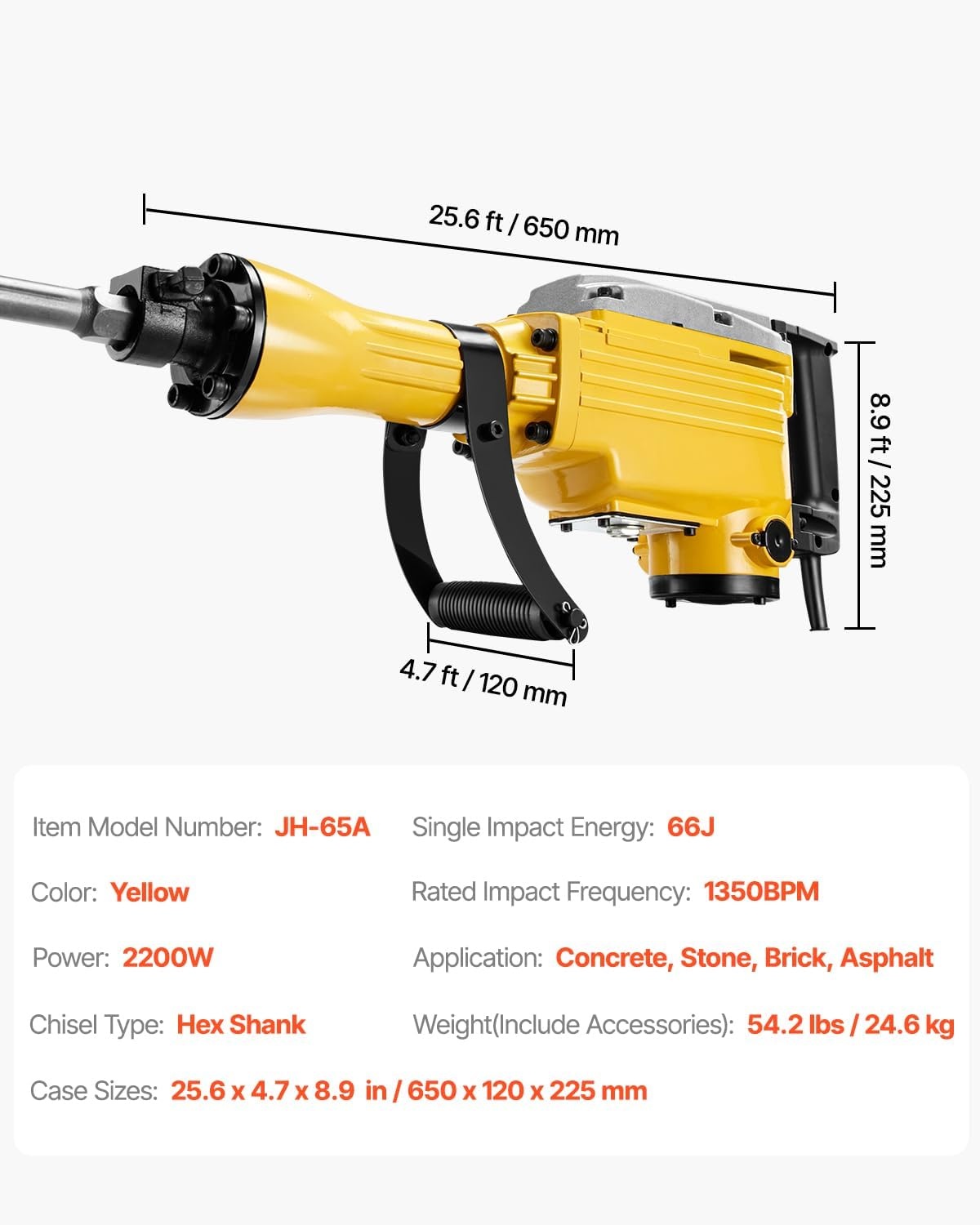 image:imageVEVOR Demolition Jack Hammer MAX 2200W Electric Jackhammer Heavy Duty 1400 BPM Concrete Breaker 4pcs Chisels Bit Chipping WCase GlovesYellow