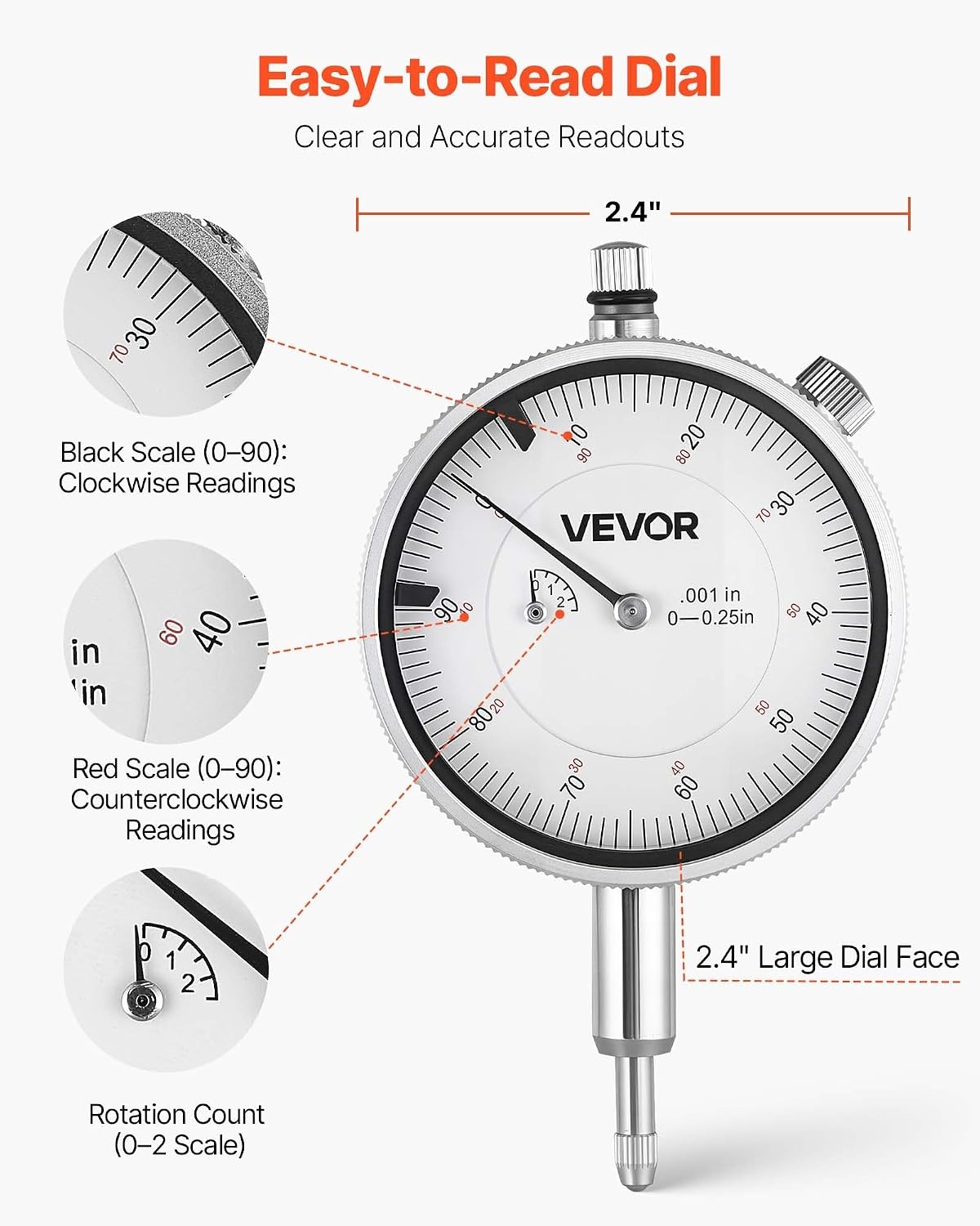 image:imageVEVOR Dial Test Indicator and Bore Gauge Measuring Tool Set Dial Indicator 0001 inch Accuracy 26 inch Bore Range with Rod Storage Case Anvils for Industrial Machining Measurements