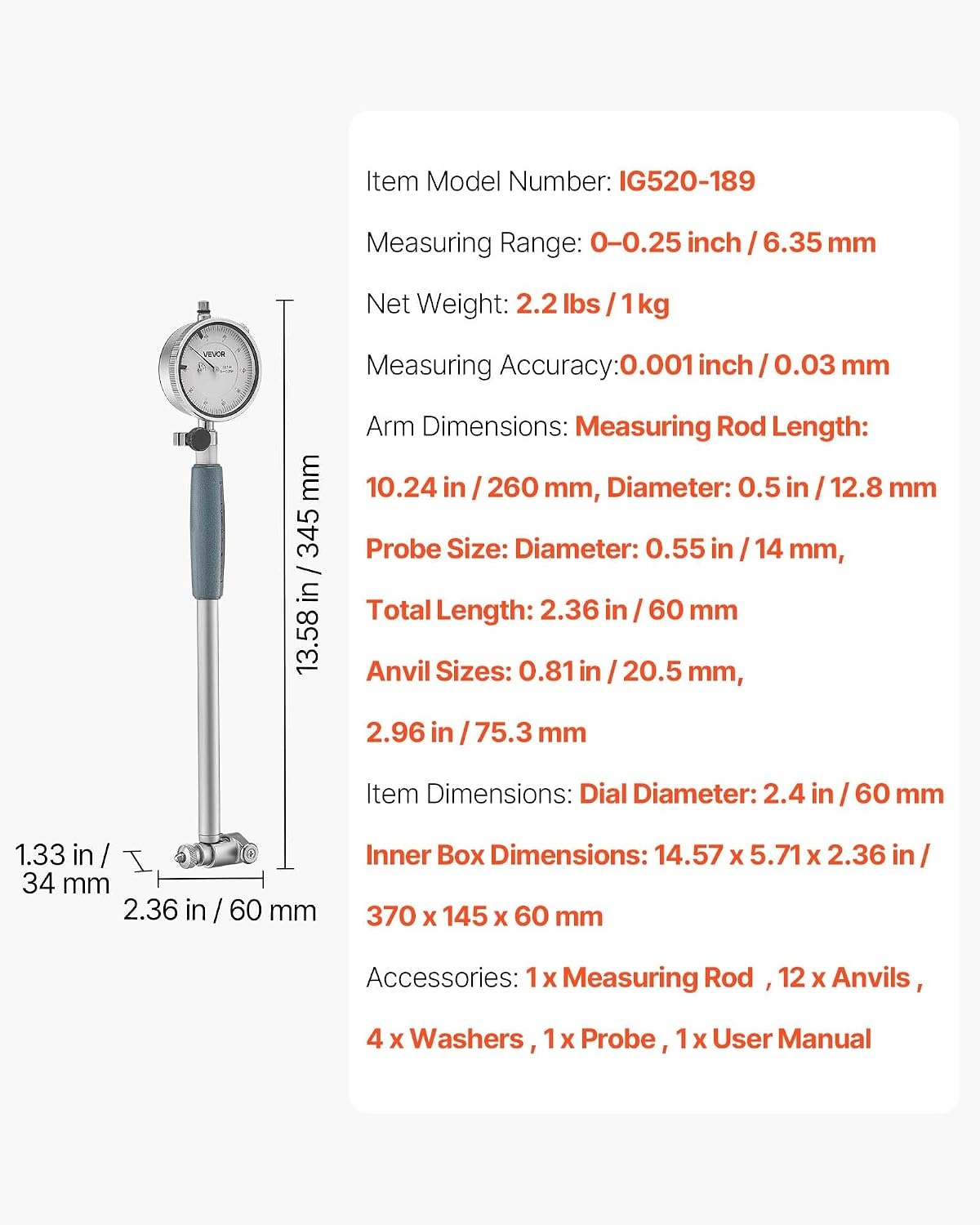 image:imageVEVOR Dial Test Indicator and Bore Gauge Measuring Tool Set Dial Indicator 0001 inch Accuracy 26 inch Bore Range with Rod Storage Case Anvils for Industrial Machining Measurements