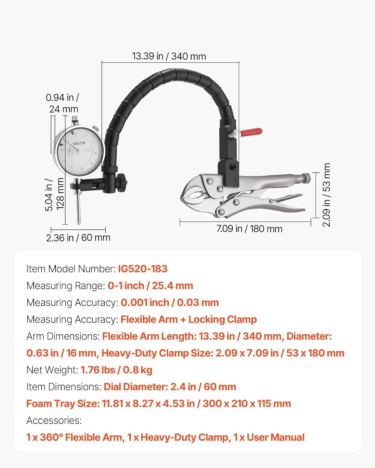 image:imageVEVOR Dial Test Indicator with 360Degree Flexible Arm and 360Degree Locking Pliers 0001 inch Accuracy 01 inch Range Professional for Machine SetUp Narrow Area Measurement Storage Case